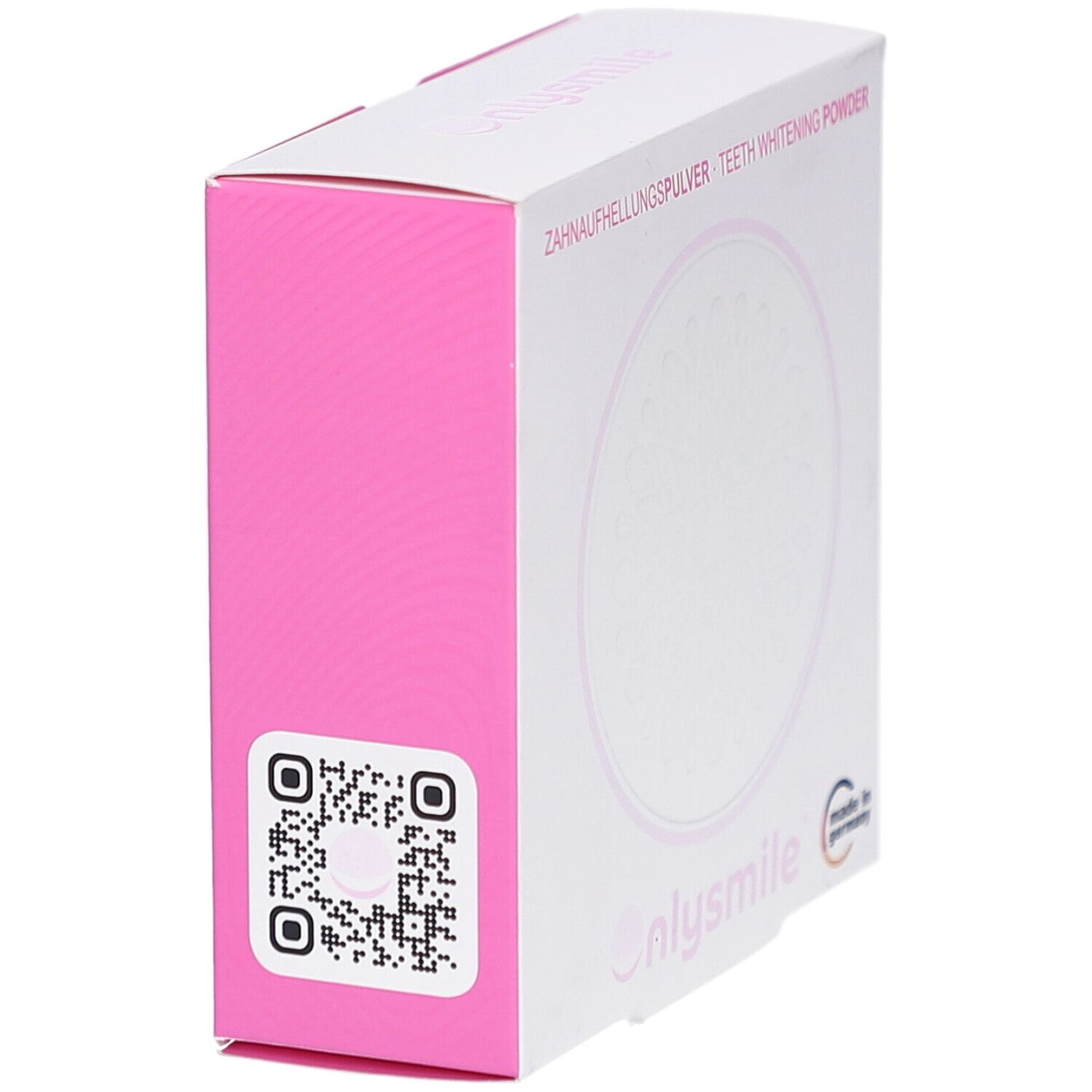 Emballage en carton blanc et rose. Code QR et logo onlysmile. Inscription: Zahnaufhellungspulver.