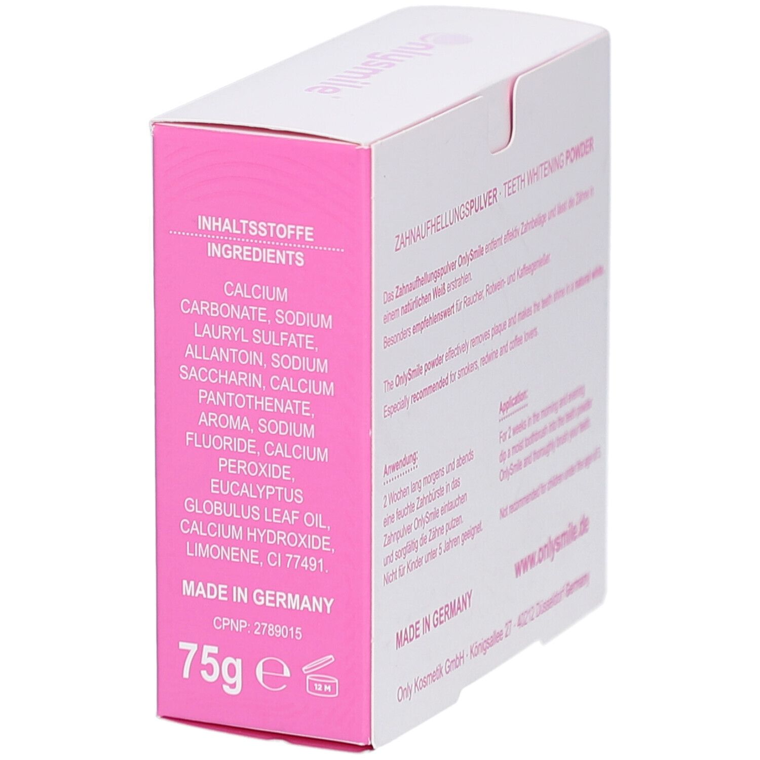 Emballage en carton blanc et rose. Ingrédients et texte: Zahnaufhellungspulver. Inscription: 75g e.