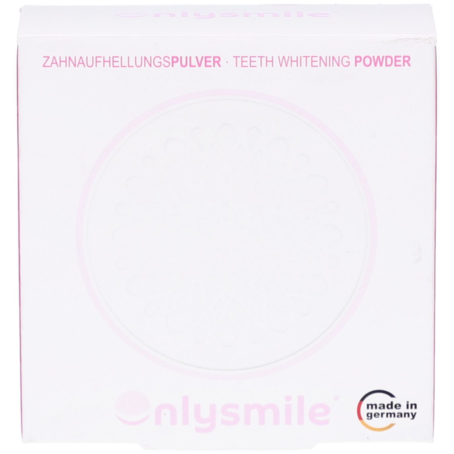 Boîte en carton blanche et rose. Inscription: Zahnaufhellungspulver. Marque: onlysmile. Logo.