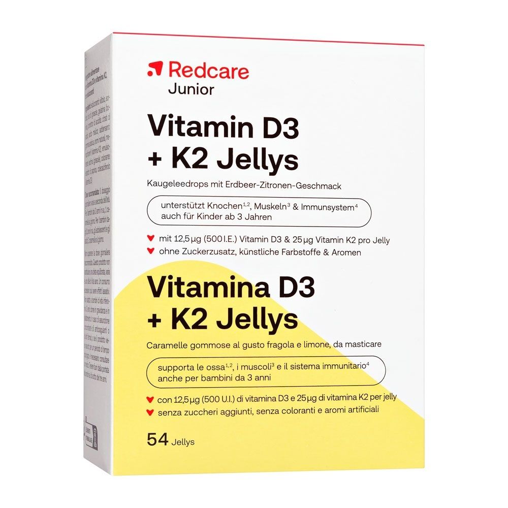 Emballage de Redcare Junior Vitamine D3 + K2 Jellies, 54 pièces.