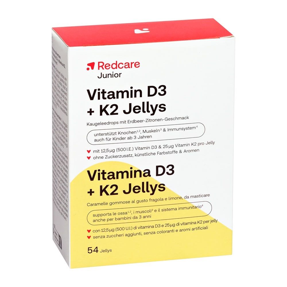 Emballage de Redcare Junior Vitamine D3 + K2 Jellies, 54 pièces.