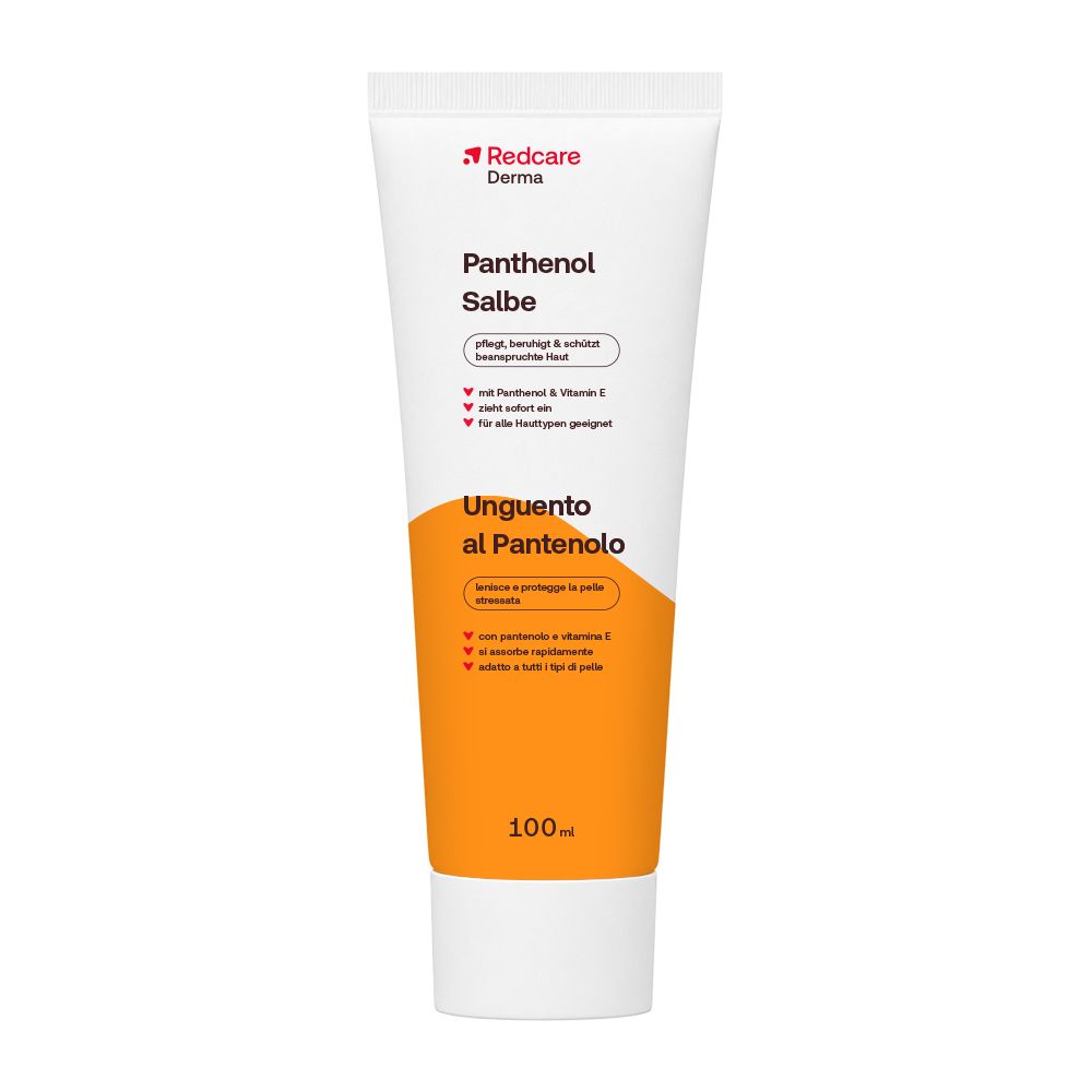 Tube de pommade Redcare Derma Panthenol avec accent orange.