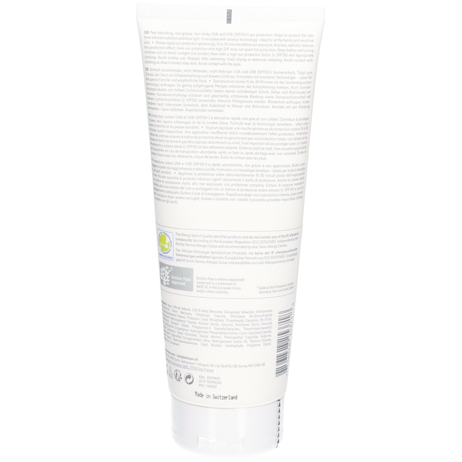 Dos d'un tube blanc. Texte et logos. Contient des informations en plusieurs langues, dont l'allemand.