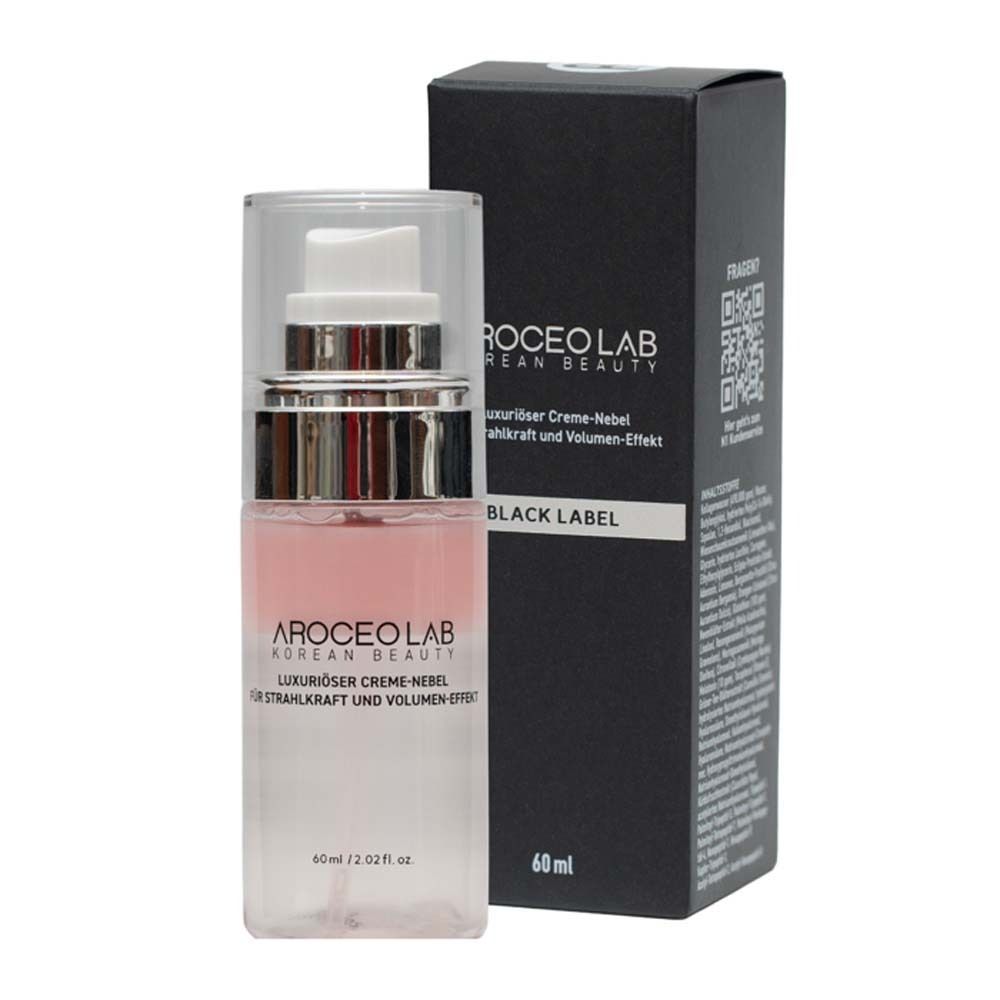 Flacon avec vaporisateur et emballage. Texte: AROCEO LAB, Creme-Nebel, Black Label, 60 ml.