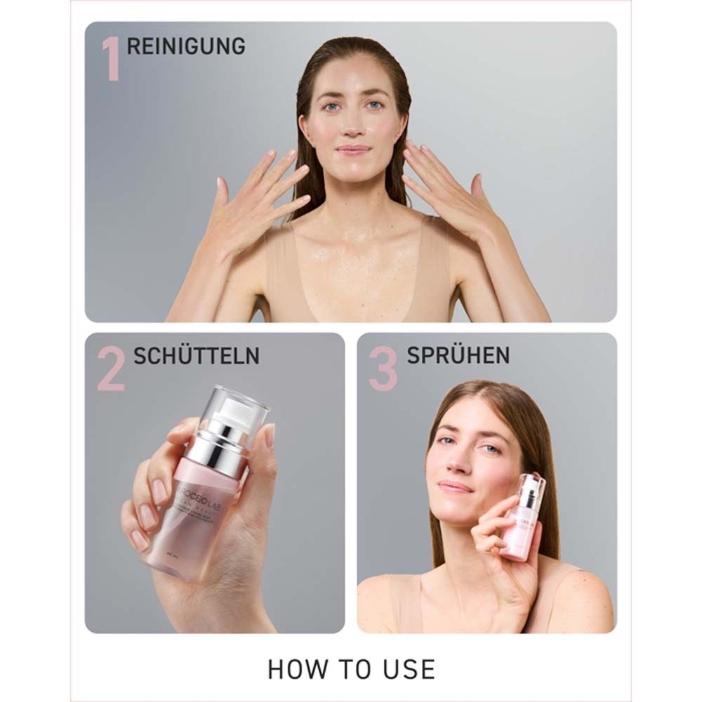 Instructions d'utilisation. Étapes: Nettoyer, secouer, vaporiser. Femme tenant le flacon.