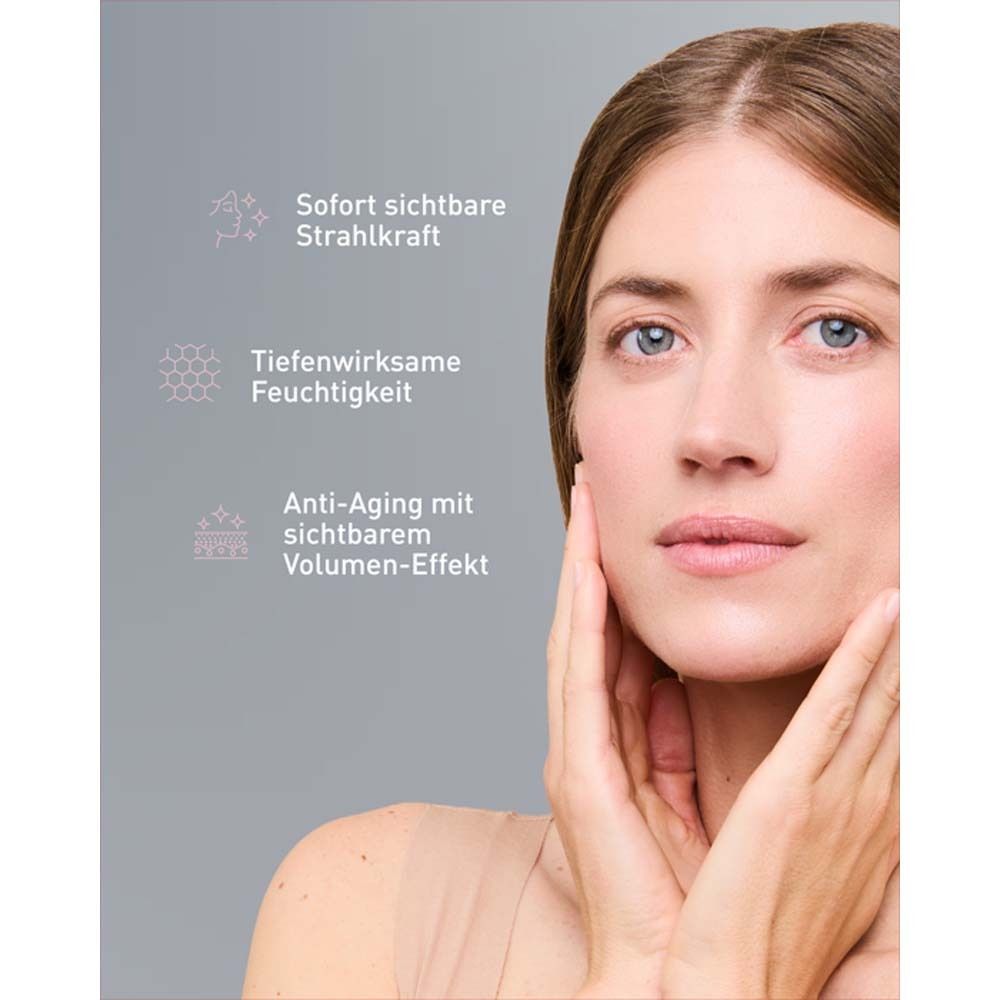 Femme touchant son visage. Texte: Éclat visible, hydratation profonde, anti-âge.