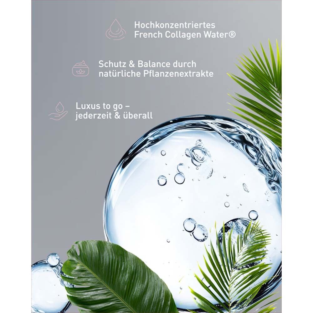 Eau avec feuilles. Texte: French Collagen Water hautement concentré, protection & équilibre, luxe à emporter.