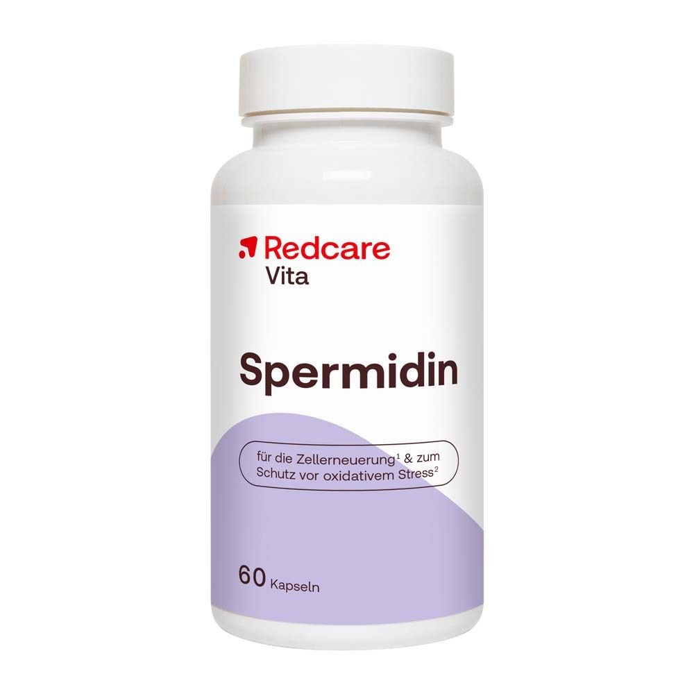 Flacon blanc Redcare Vita Spermidin. Inscription : 60 gélules. Contient extrait de germe de blé, zinc et vitamine B1. Fond violet.