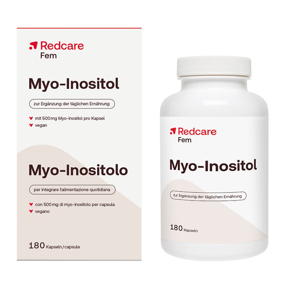 Redcare Fem Myo-Inositol. Flacon et boîte blancs. Inscription : Myo-Inositol, 180 gélules. Vegan.