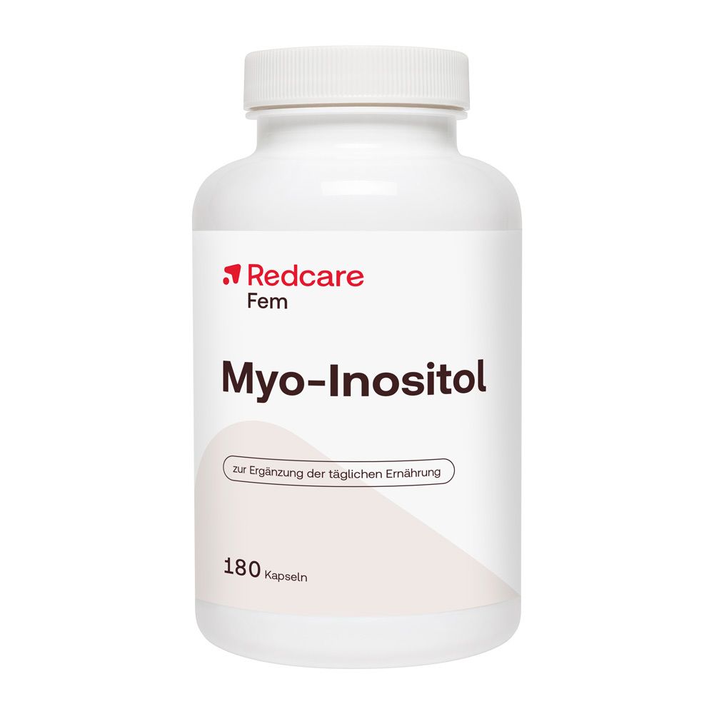 Redcare Fem Myo-Inositol. Flacon blanc. Inscription : Myo-Inositol, 180 gélules. Vegan.