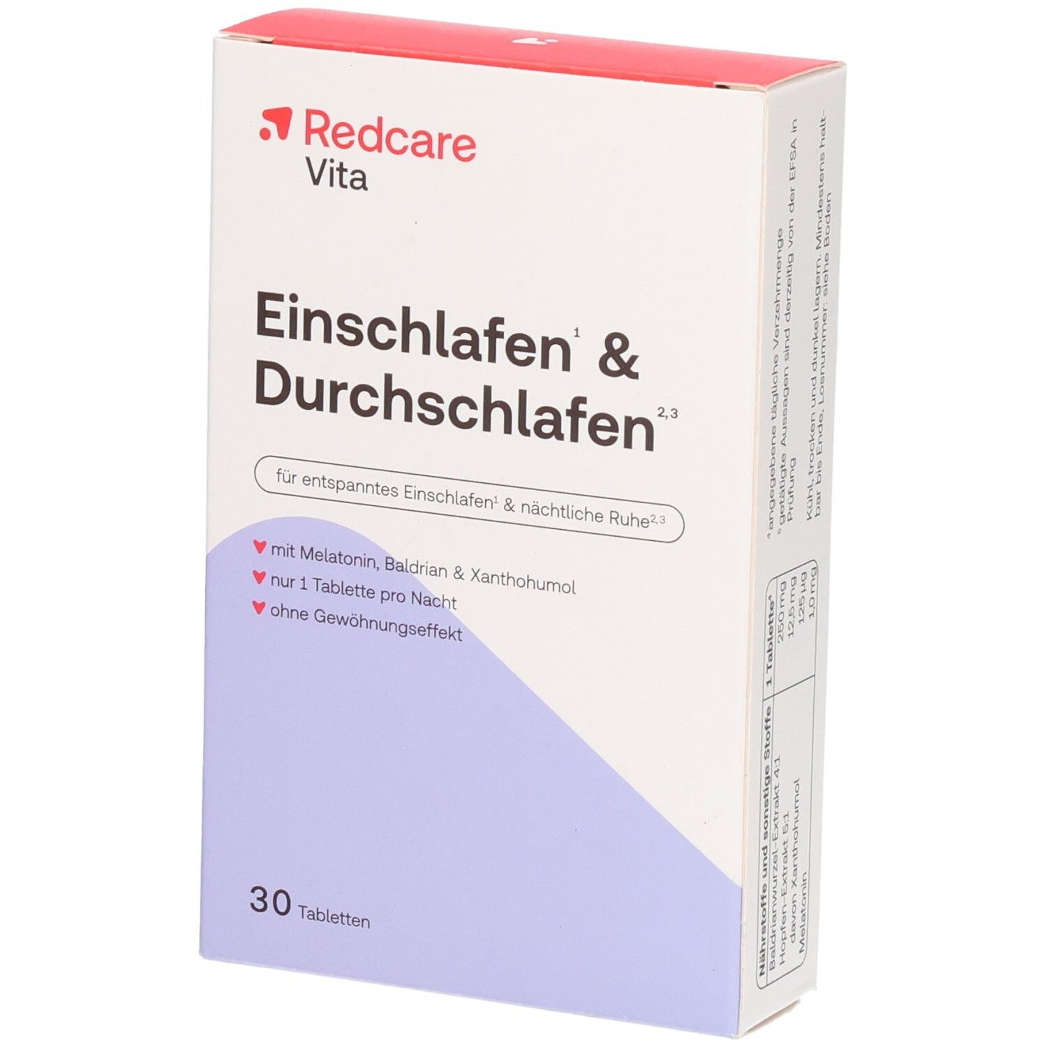Redcare Vita Einschlafen & Durchschlafen, arrière de l'emballage avec ingrédients et instructions d'utilisation.