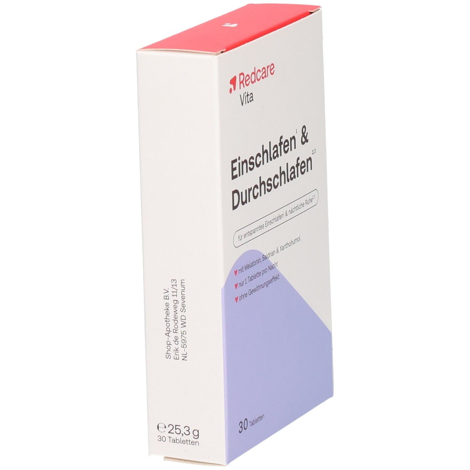 Redcare Vita Einschlafen & Durchschlafen, vue latérale de l'emballage avec informations sur le dosage.