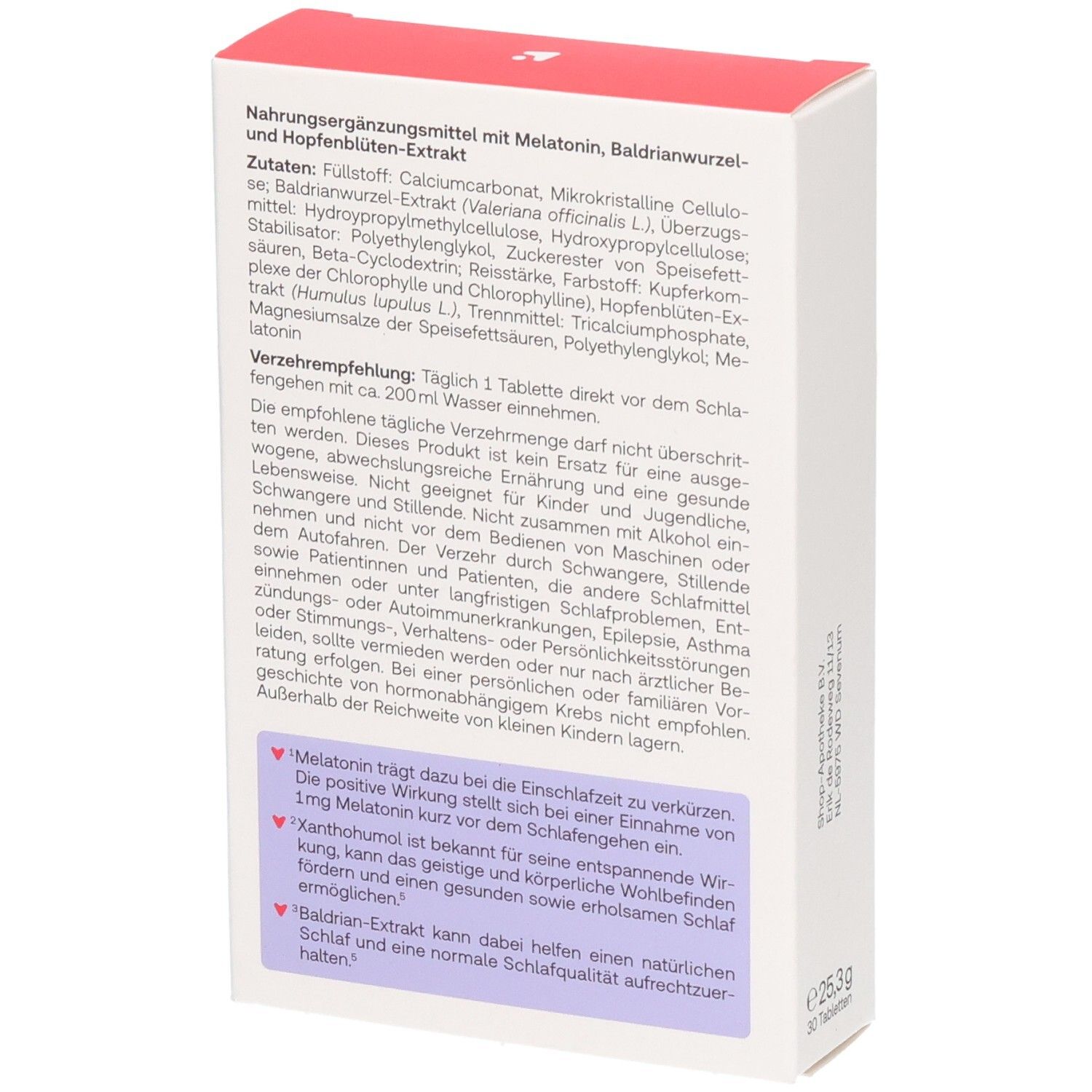 Redcare Vita Einschlafen & Durchschlafen, arrière de l'emballage avec informations nutritionnelles détaillées et notes.