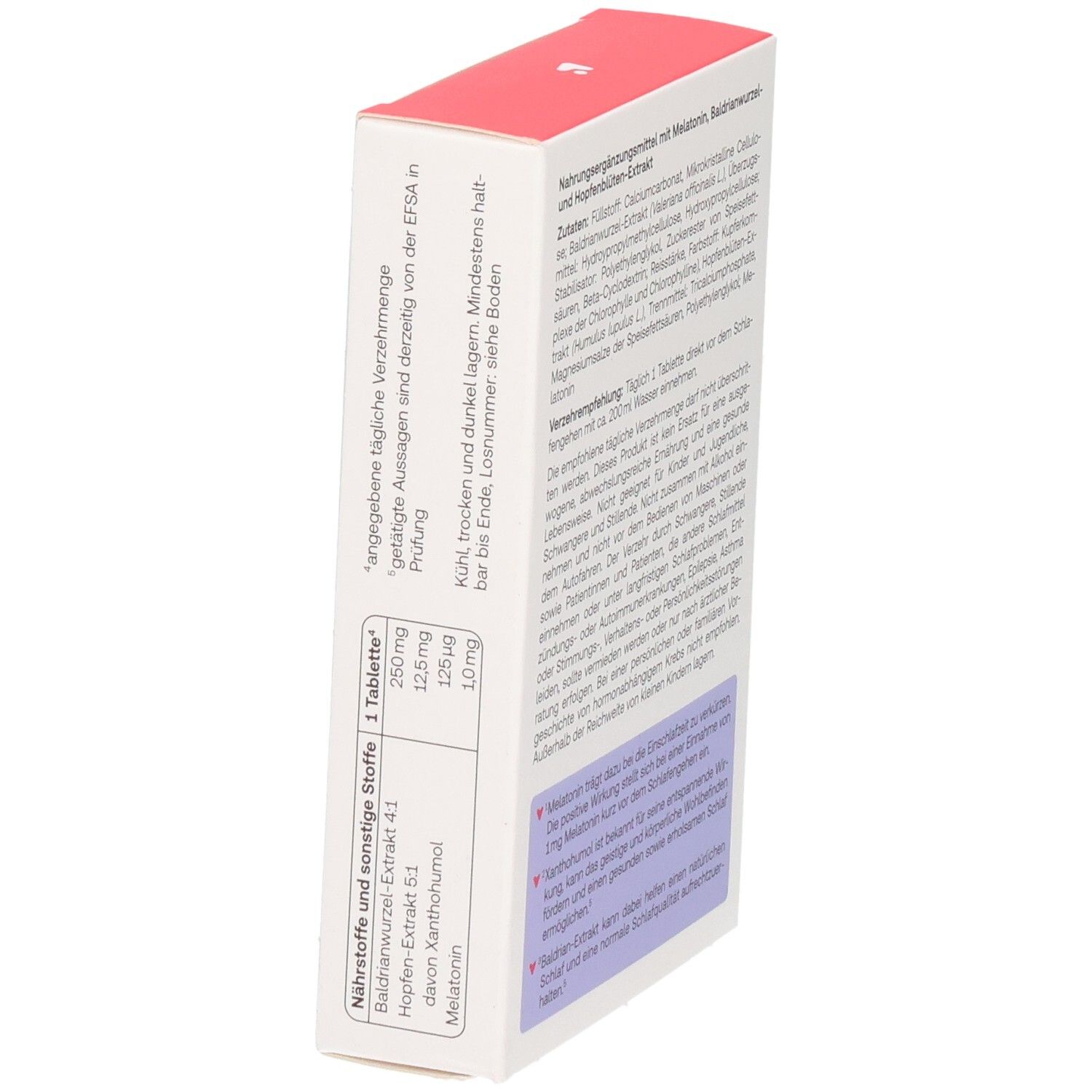 Redcare Vita Einschlafen & Durchschlafen, arrière de l'emballage avec tableau des nutriments et du dosage.