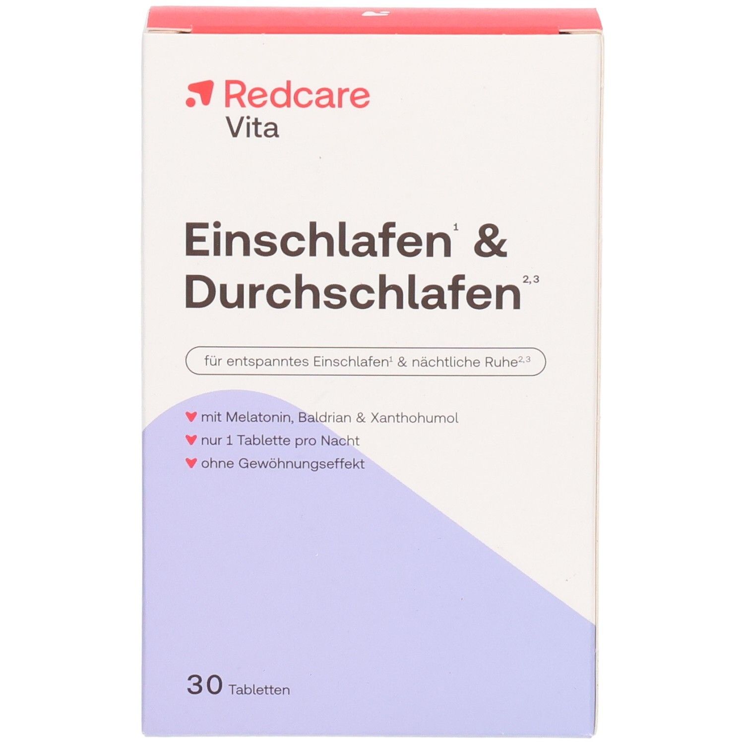 Redcare Vita Einschlafen & Durchschlafen, avant de l'emballage avec le nom du produit et les avantages principaux.