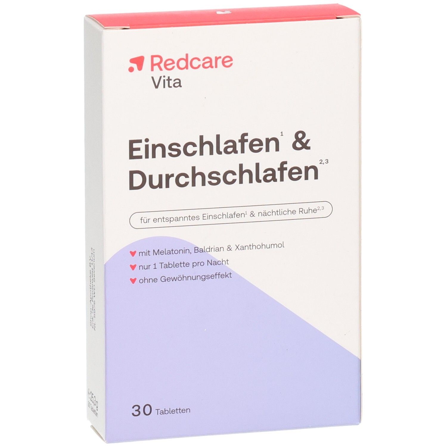 Redcare Vita Einschlafen & Durchschlafen, avant de l'emballage avec logo rouge et élément de design violet.