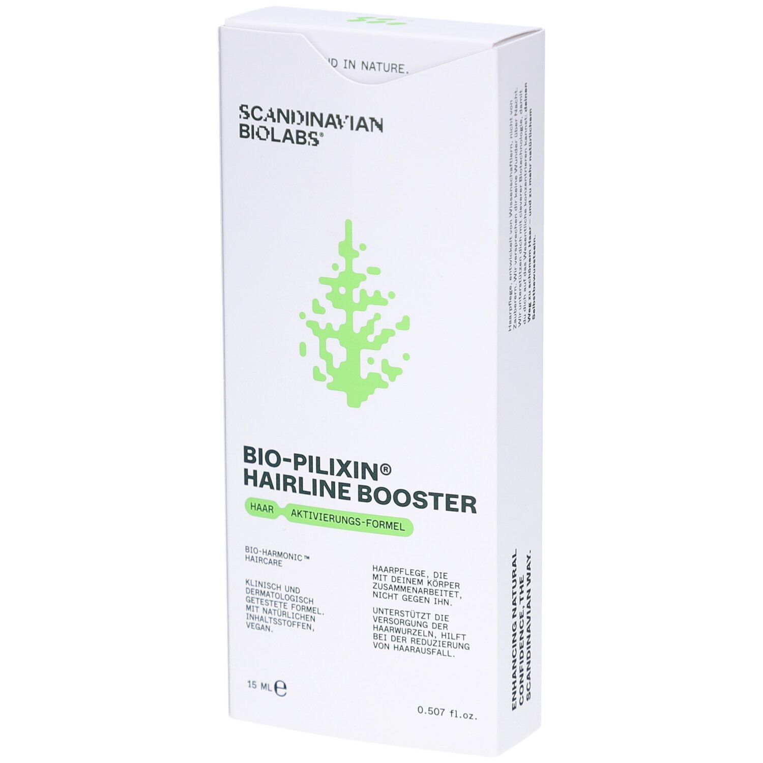 Boîte blanche. Inscription: BIO-PILIXIN Hairline Booster, Scandinavian Biolabs. Logo arbre vert. 15 ml.