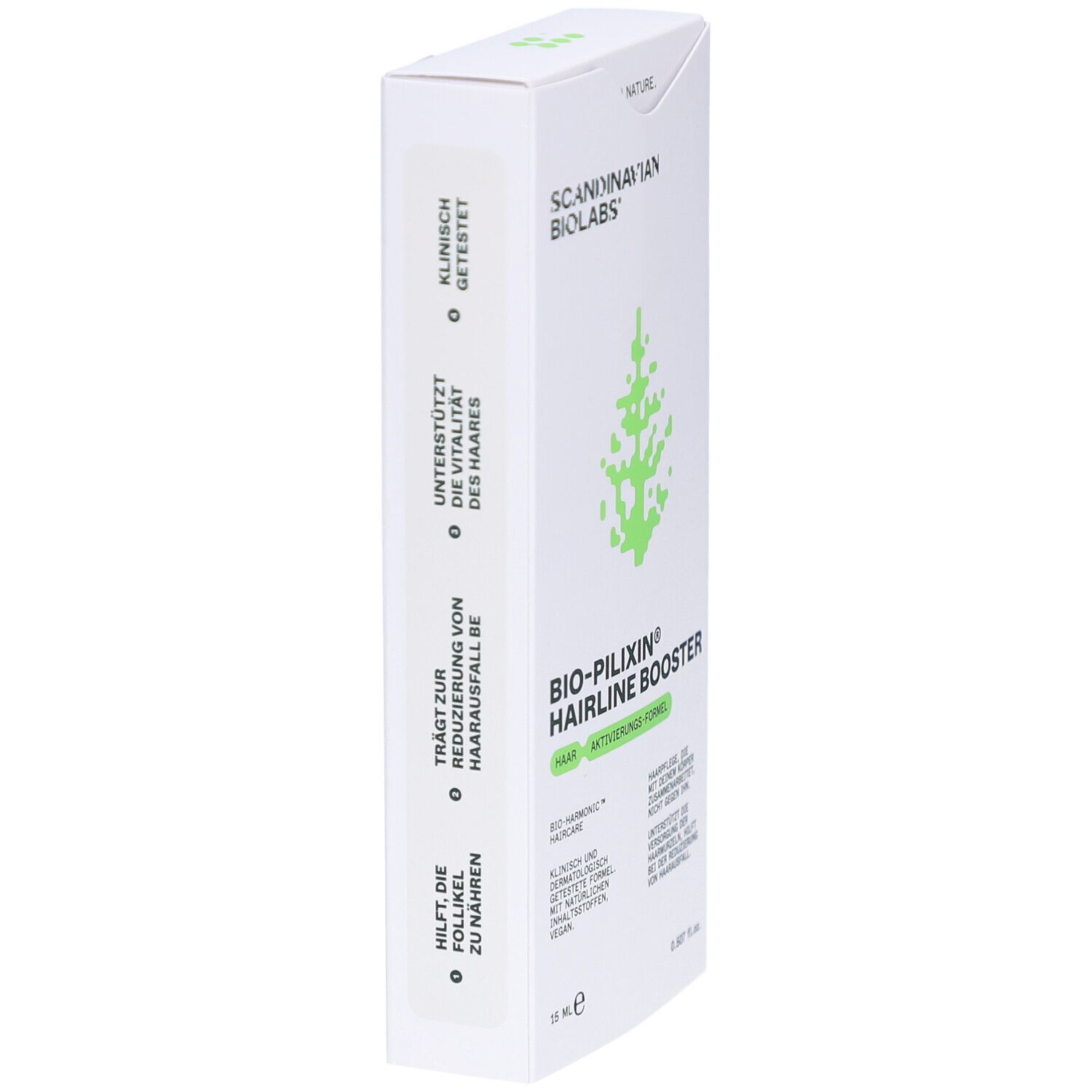 Boîte blanche. Inscription: BIO-PILIXIN Hairline Booster, Scandinavian Biolabs. Testé cliniquement.