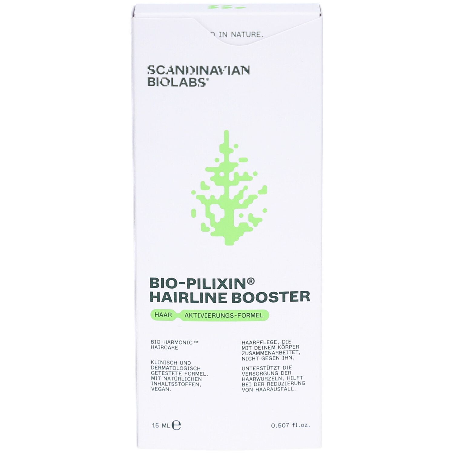 Boîte blanche. Inscription: BIO-PILIXIN Hairline Booster, Scandinavian Biolabs. Logo arbre vert. 15 ml.