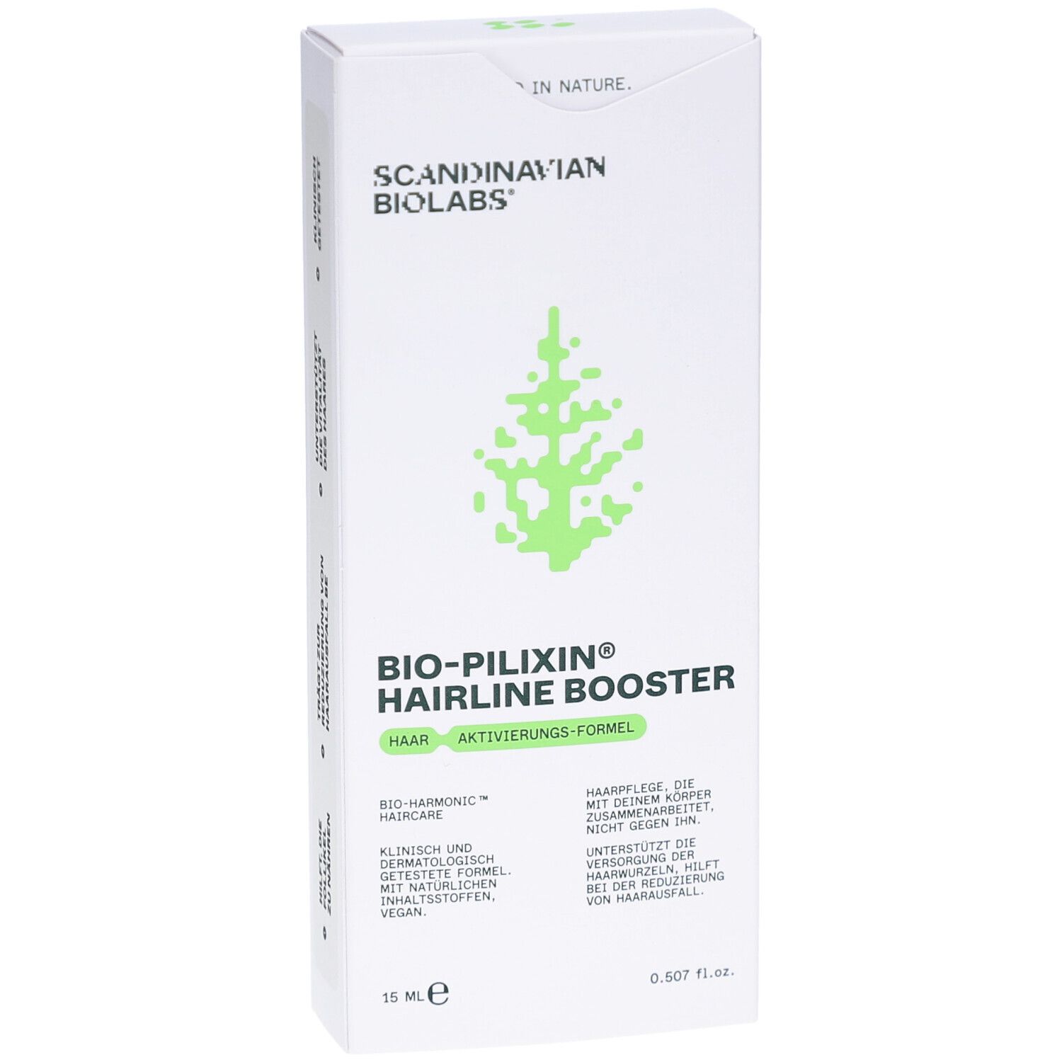 Boîte blanche. Inscription: BIO-PILIXIN Hairline Booster, Scandinavian Biolabs. Logo arbre vert. 15 ml.