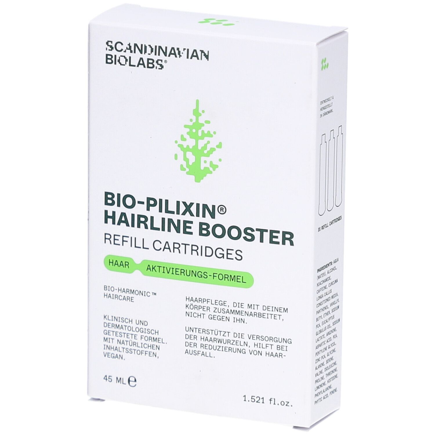 Boîte blanche BIO-PILIXIN Hairline Booster. Contient des recharges. Logo Scandinavian Biolabs. 45 ml.