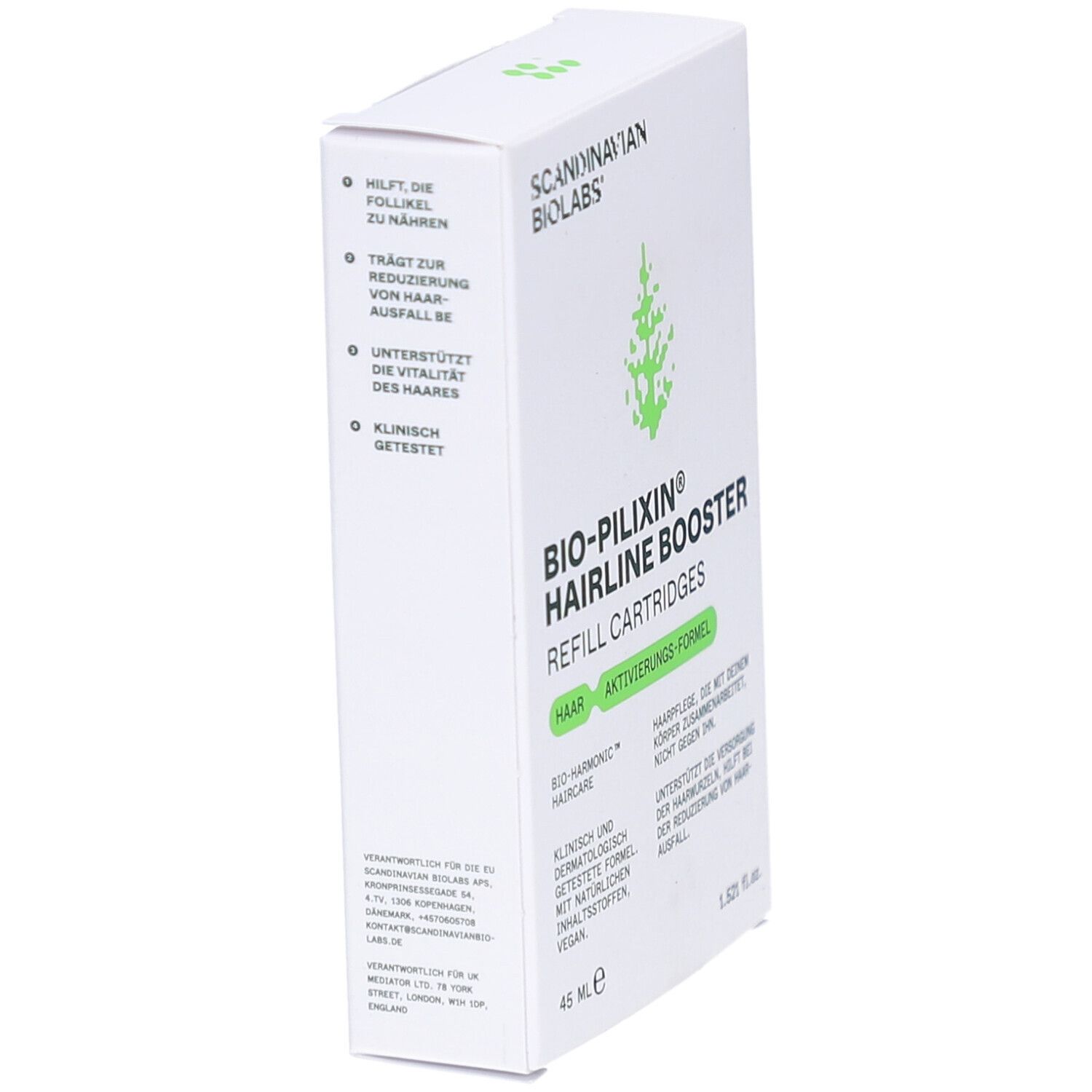 Boîte blanche BIO-PILIXIN Hairline Booster. Logo Scandinavian Biolabs. Texte: Nourrit les follicules, réduit la chute des cheveux, soutient la vitalité.