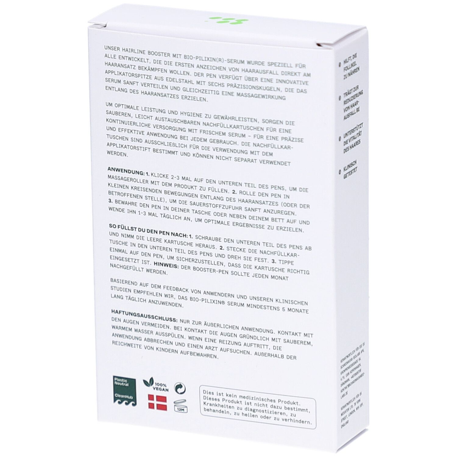 Dos de l'emballage des recharges BIO-PILIXIN Hairline Booster. Texte sur l'utilisation et les ingrédients. Sceau végétalien.
