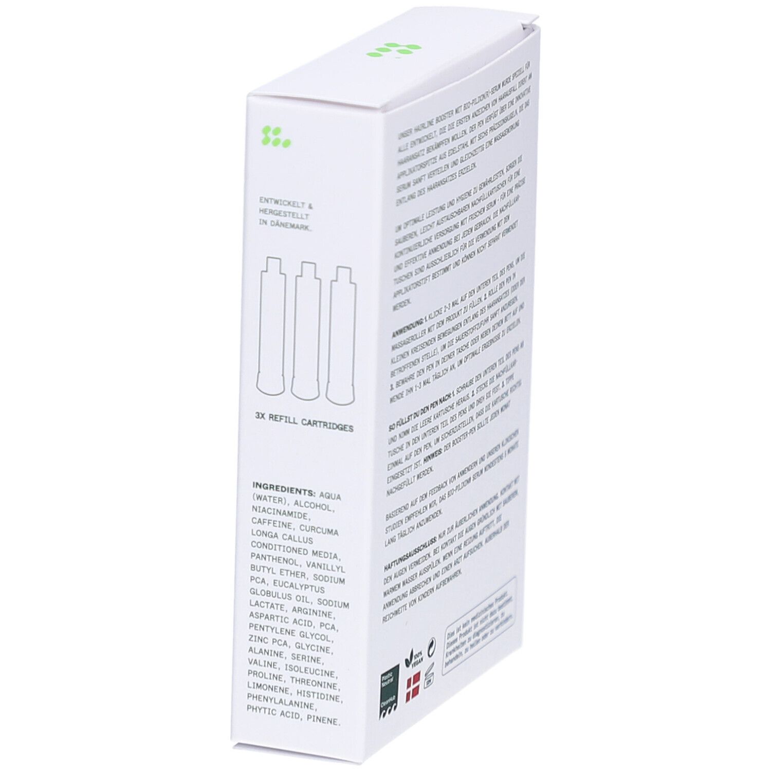 Emballage des recharges BIO-PILIXIN Hairline Booster. Contient 3 recharges. Ingrédients listés.