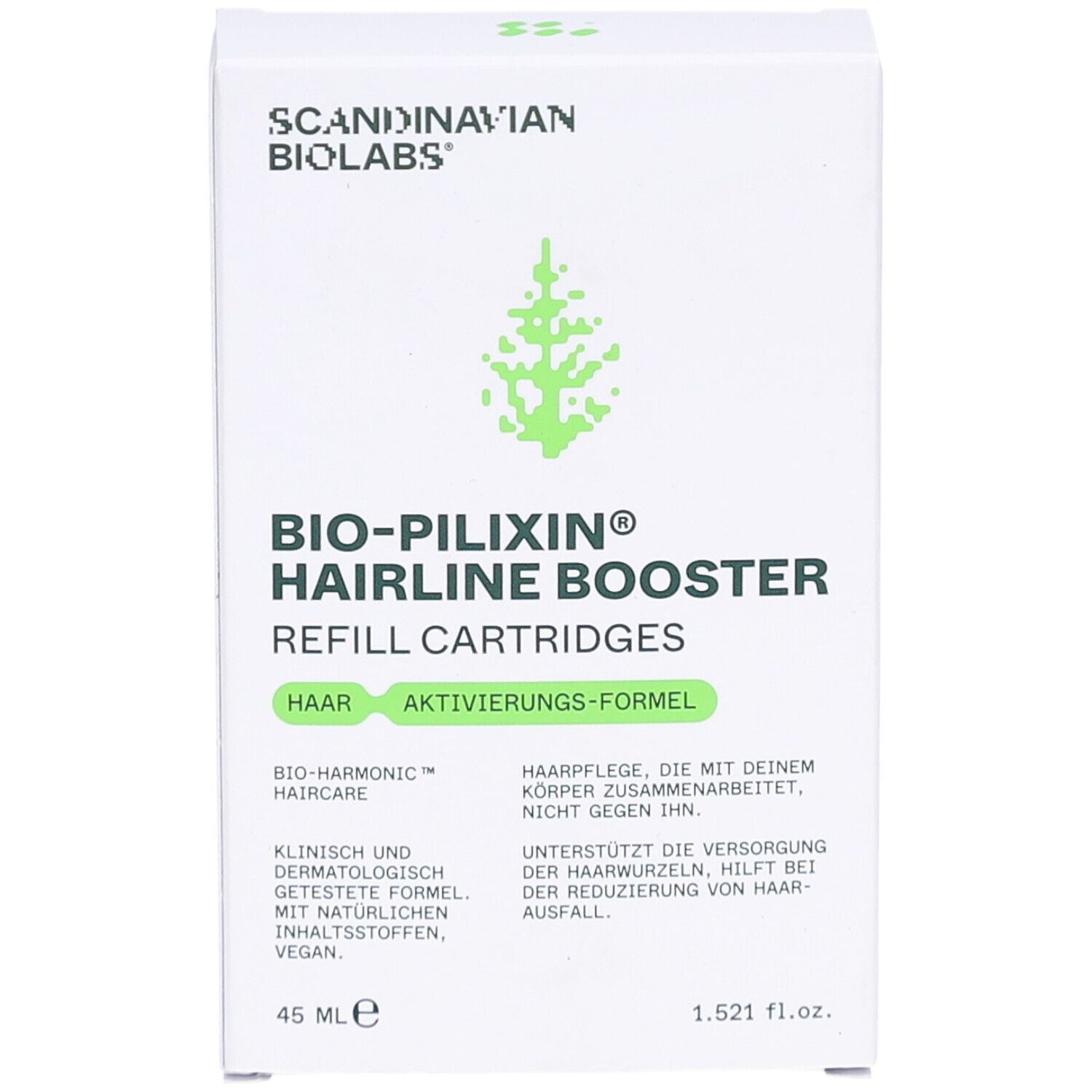 Boîte blanche BIO-PILIXIN Hairline Booster. Contient des recharges. Logo Scandinavian Biolabs. 45 ml.