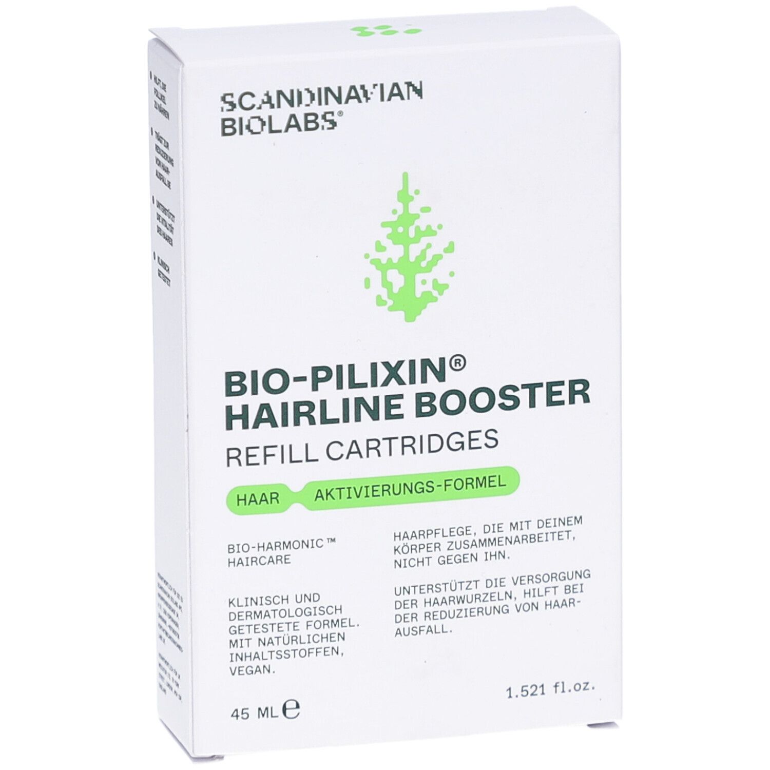 Boîte blanche BIO-PILIXIN Hairline Booster. Contient des recharges. Logo Scandinavian Biolabs. 45 ml.