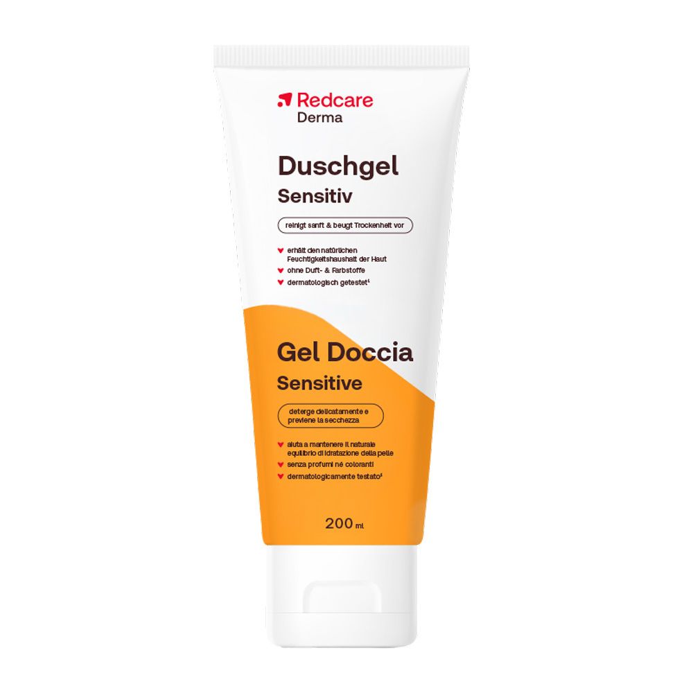 Tube Redcare Derma Gel Douche Sensitive, 200ml. Nettoie en douceur et prévient le dessèchement.