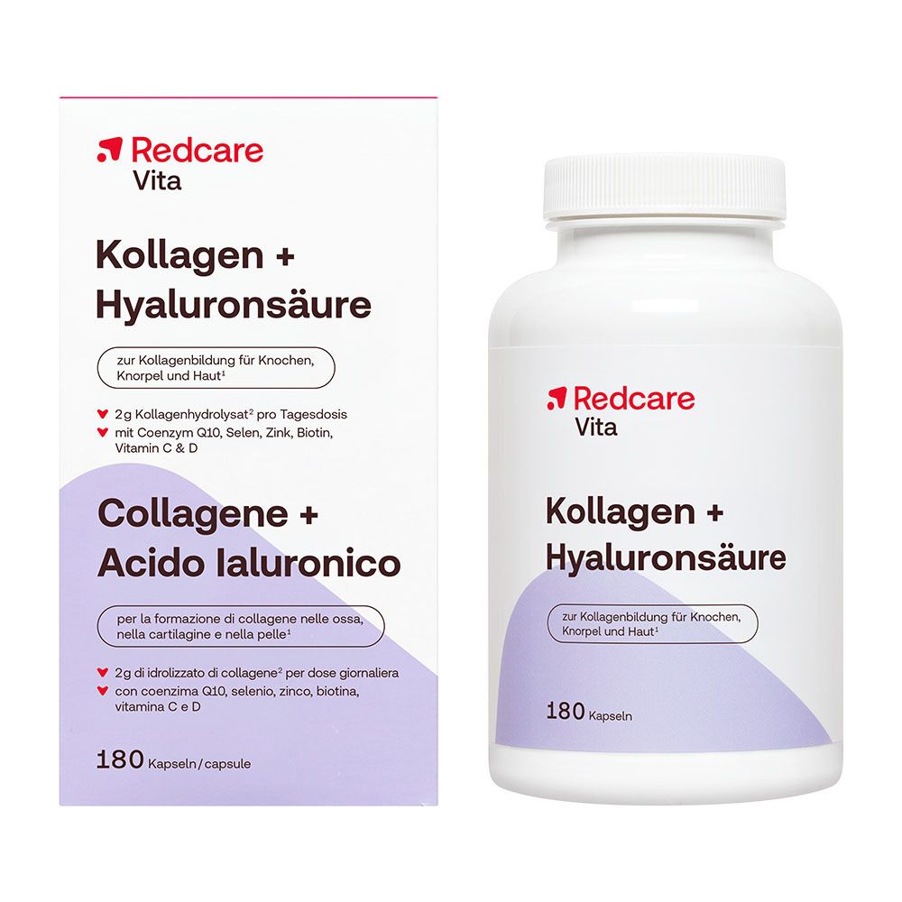Boîte et emballage Redcare Vita Collagène + Acide Hyaluronique, 180 gélules.