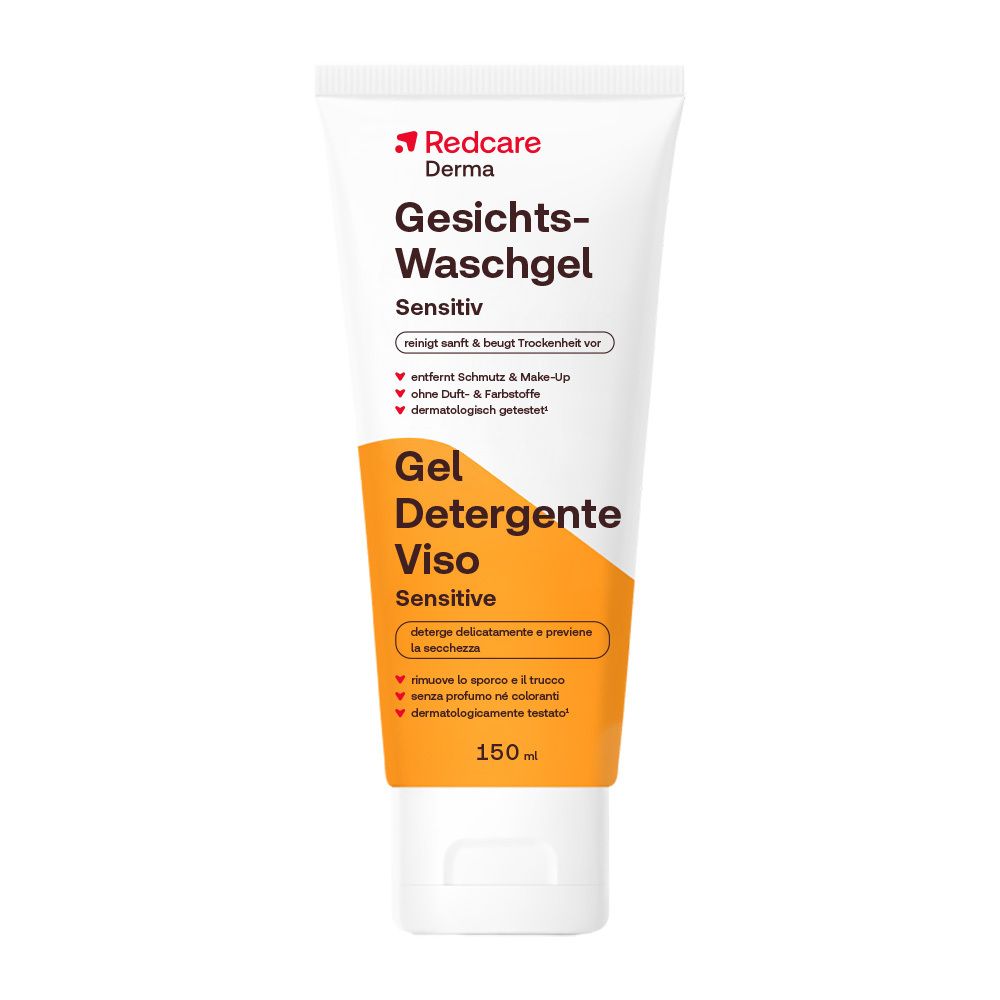 Tube Redcare Derma Gel Nettoyant Visage Sensitive, 150ml. Élimine les impuretés et le maquillage. Sans parfum ni colorant.