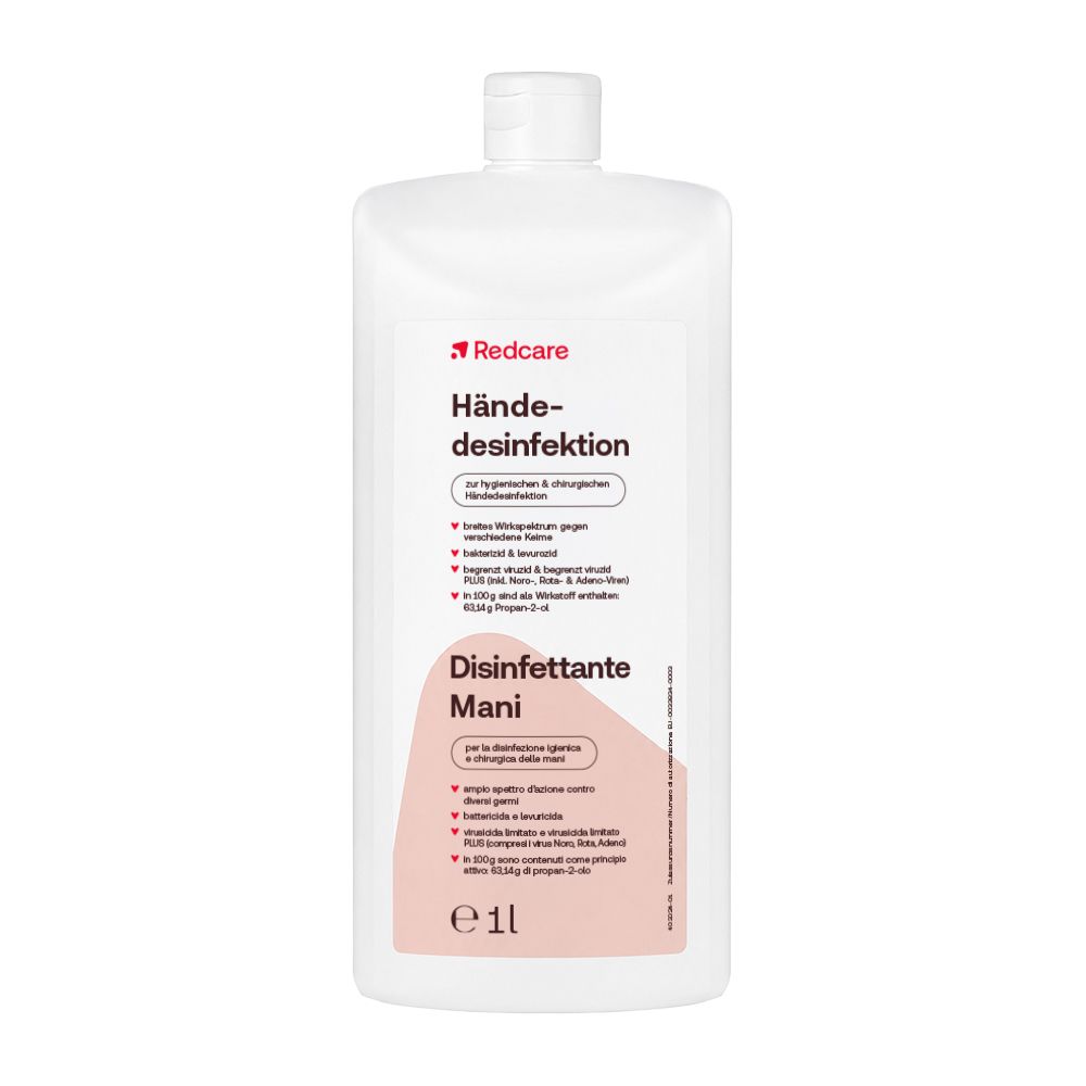 Redcare Désinfectant Mains: Flacon de 1 litre avec bec verseur. Contient des informations sur le large spectre d'action et bactéricide.