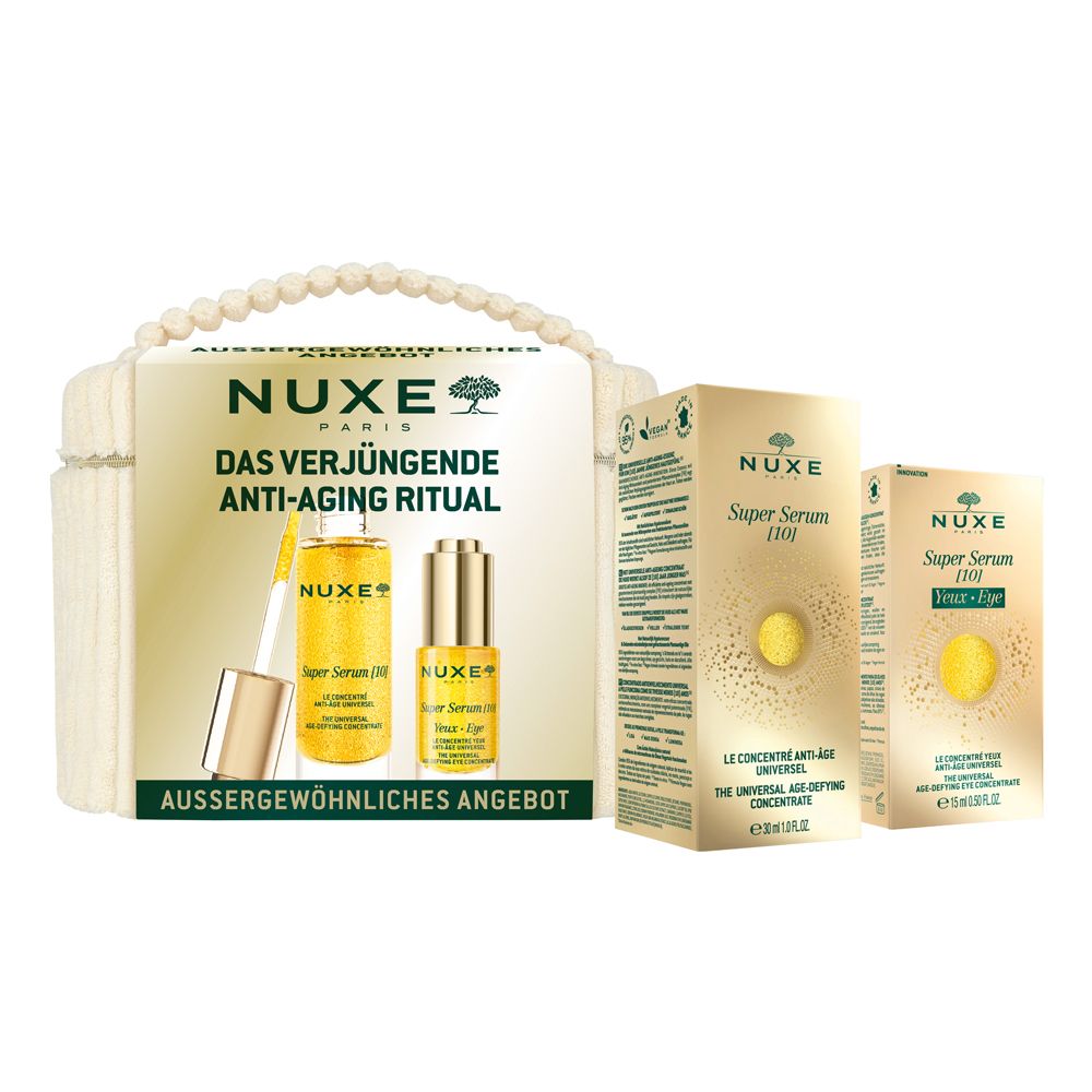 Coffret cadeau avec deux flacons et une trousse de toilette. Inscription : NUXE, Super Serum, Rituel anti-âge. Liquide jaune dans des flacons en verre.