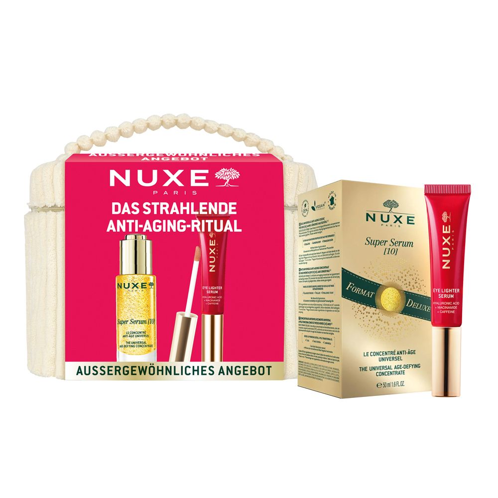 Nuxe Set : Super Sérum + Merveillance Rituel Anti-Âge dans une trousse crème. Contient un flacon de sérum et un tube de soin contour des yeux.