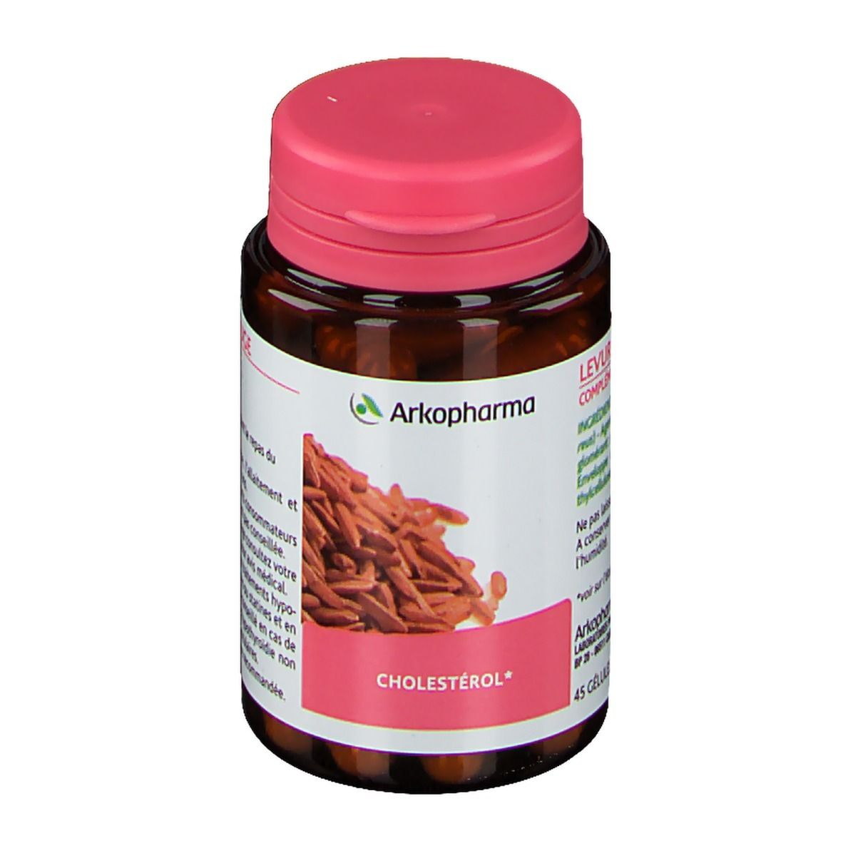 Flacon brun à bouchon rose. Inscription: Arkopharma, Cholestérol. Contient des grains de riz rouge.