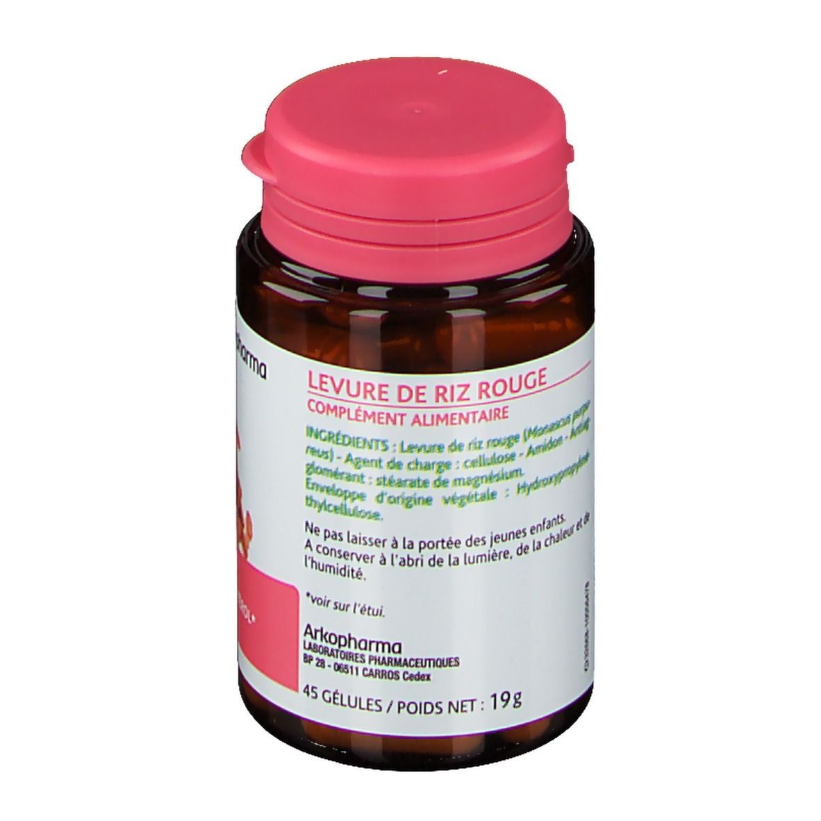 Flacon brun à bouchon rose. Inscription: Levure de Riz Rouge, 45 gélules, 19g. Contient des ingrédients.