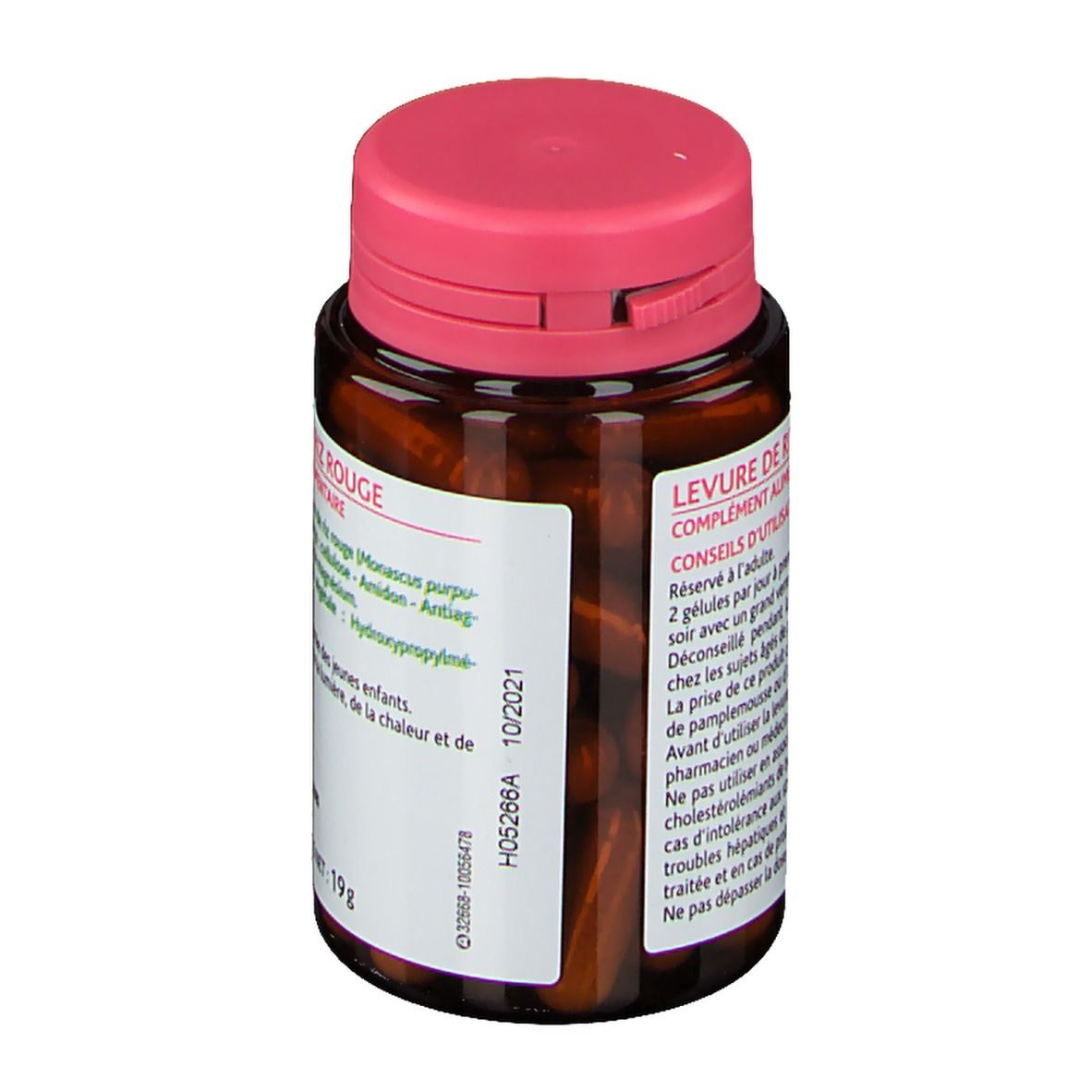 Flacon brun à bouchon rose. Inscription: Levure de Riz Rouge, 10/2021. Contient des gélules.