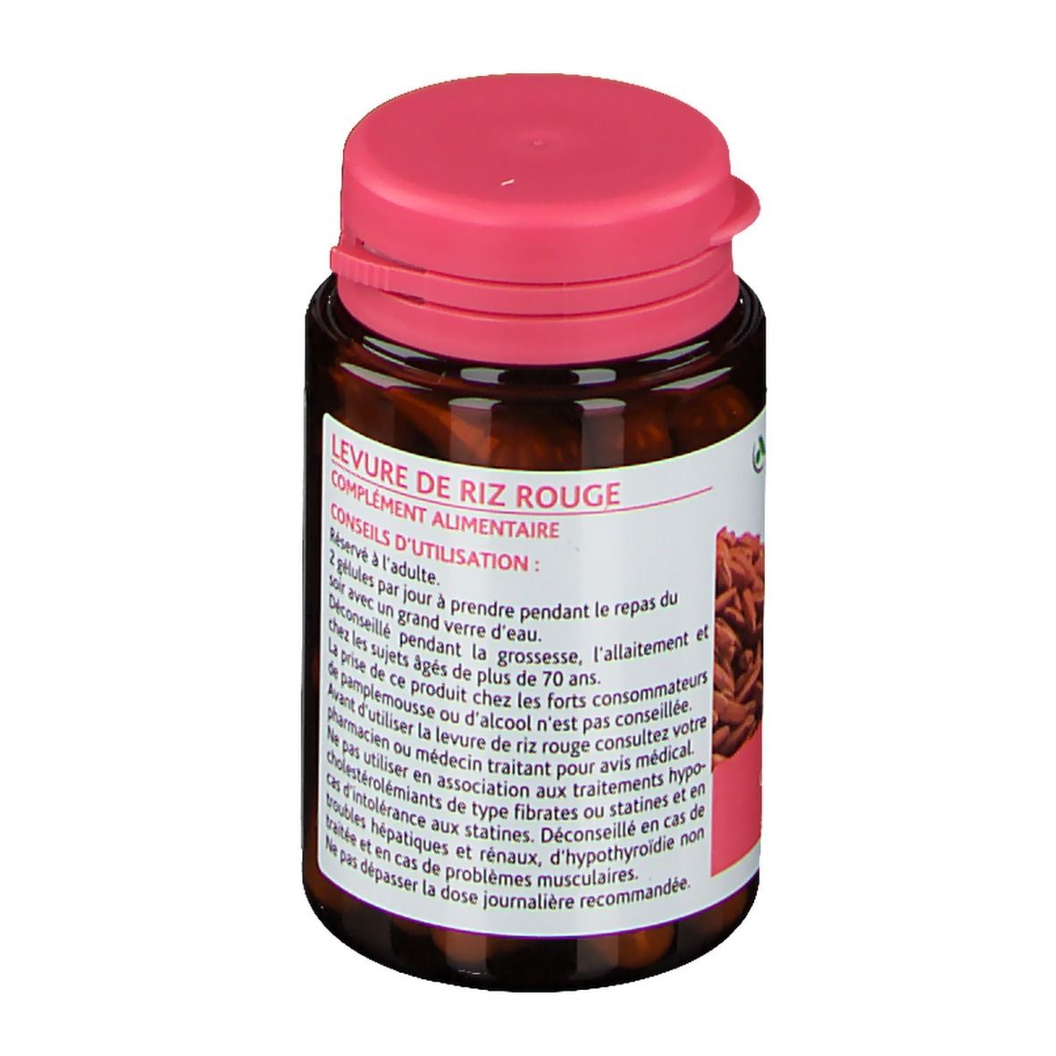 Flacon brun à bouchon rose. Inscription: Levure de Riz Rouge. Contient des gélules et des conseils d'utilisation.
