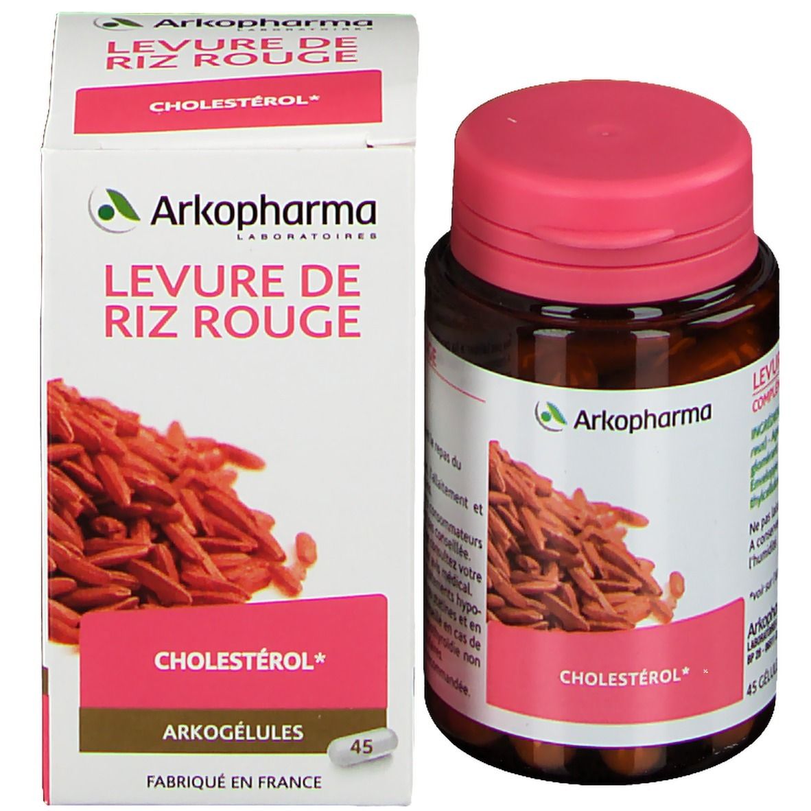 Emballage produit avec flacon et boîte. Inscription: Arkopharma, Levure de Riz Rouge, Cholestérol, 45 gélules.
