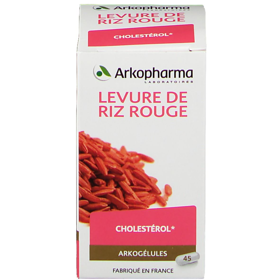 Emballage produit. Inscription: Arkopharma, Levure de Riz Rouge, Cholestérol, 45 gélules. Fabriqué en France.