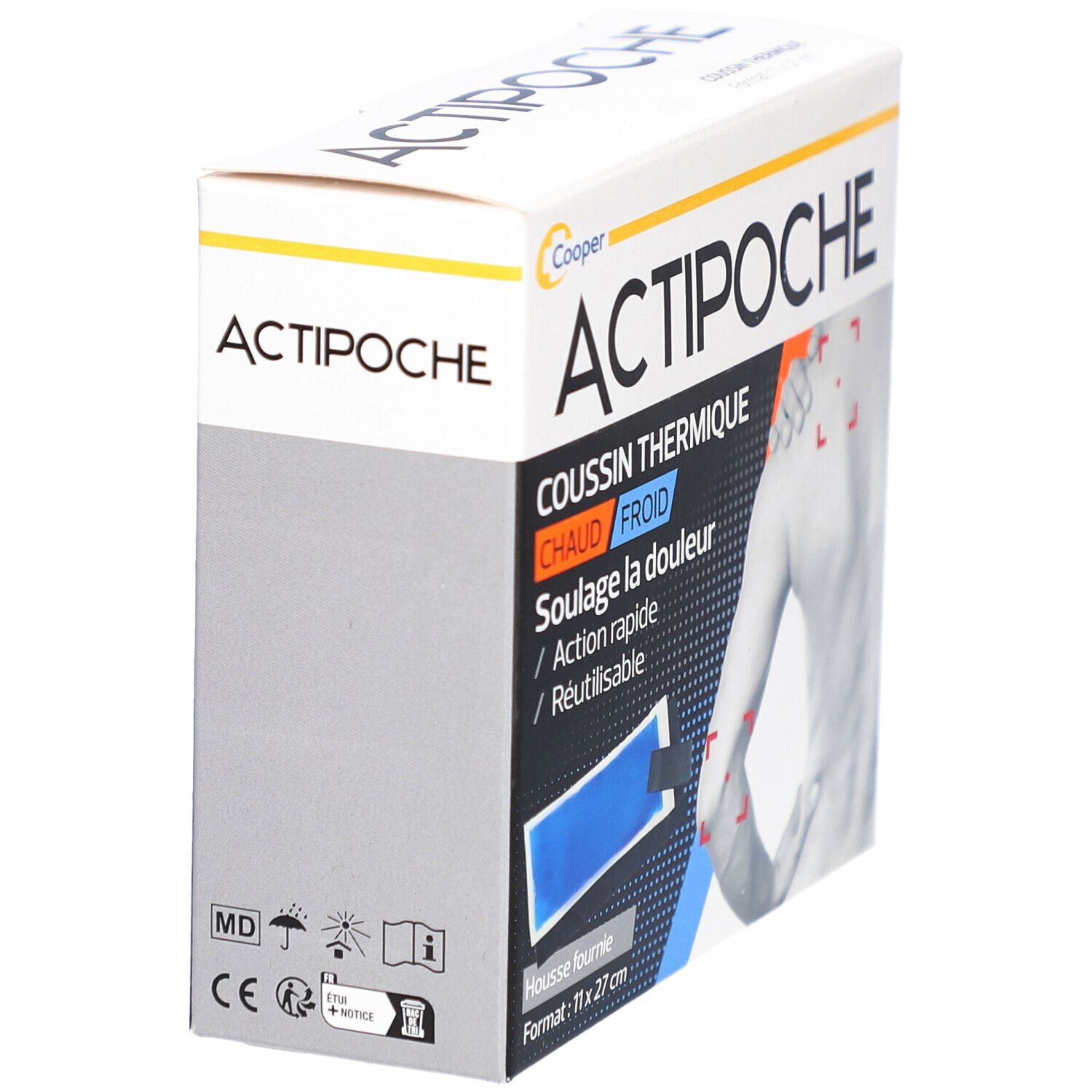 Boîte Actipoche, coussin thermique chaud/froid. Format 11x27 cm. Illustration produit et pictogrammes. Marquage CE.