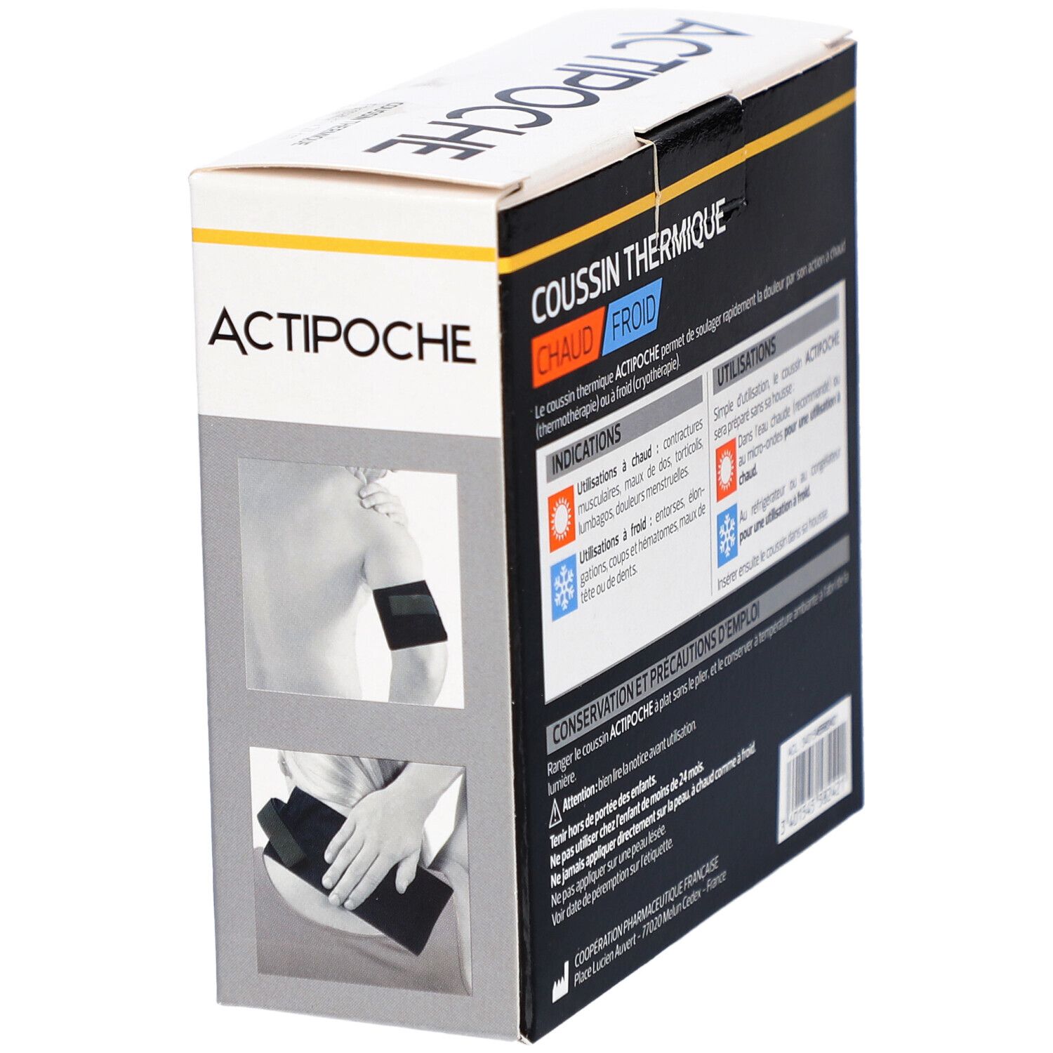 Boîte Actipoche, coussin thermique chaud/froid. Format 11x27 cm. Illustration produit et utilisation. Marquage CE.