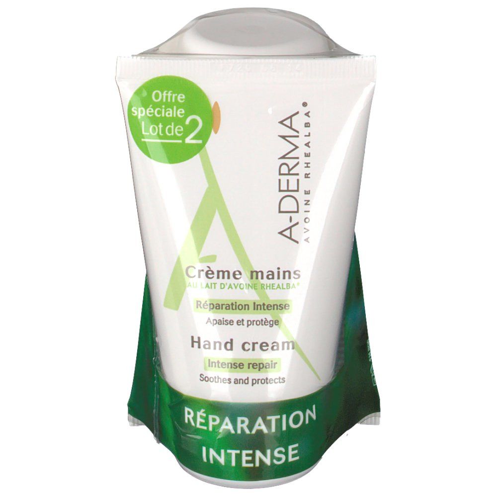 Tube de crème pour les mains A-DERMA, en lot de deux, dans un emballage vert. Inscription 'Crème mains' et 'Réparation Intense'.