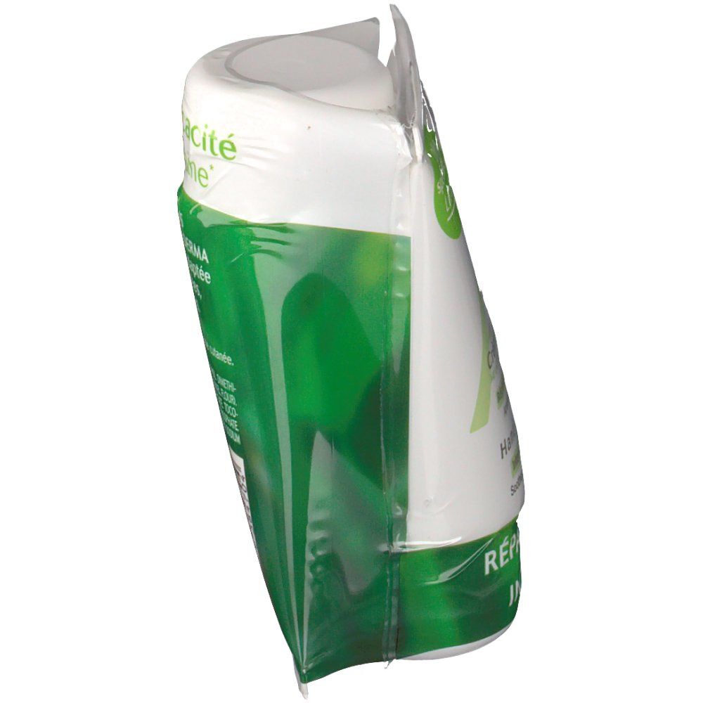Vue en biais de l'emballage de la crème pour les mains. Logo A-DERMA et 'Crème mains'. Accents verts et 'Réparation Intense'.