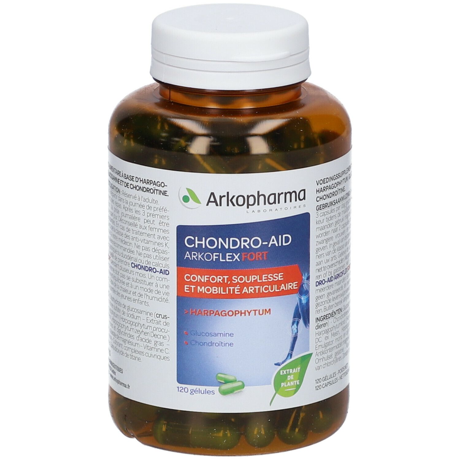 Flacon marron avec bouchon blanc. Contient des gélules vertes. Étiquette avec nom du produit et logo.