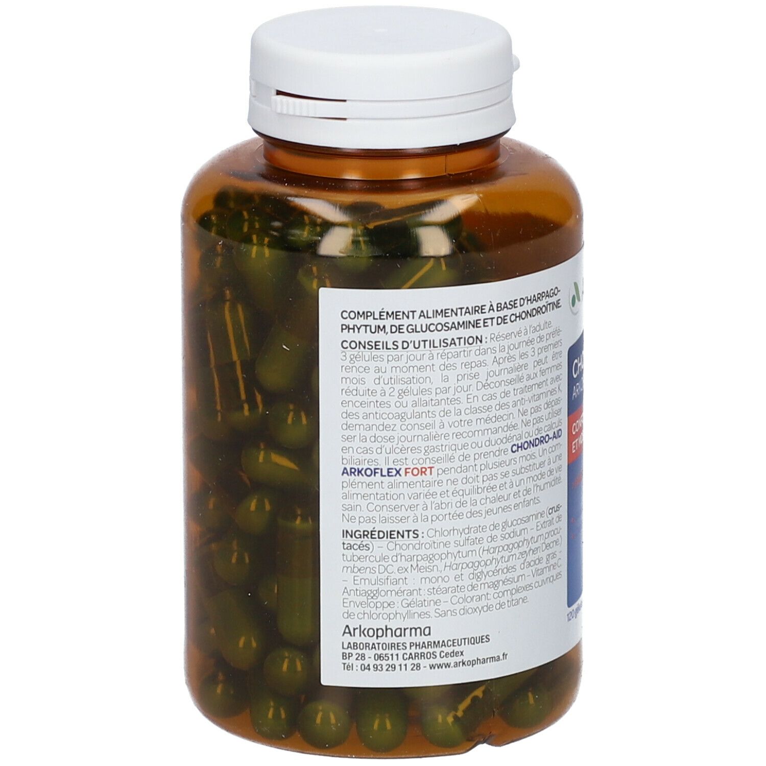 Dos du flacon marron avec bouchon blanc. Contient des gélules vertes. Étiquette avec informations produit.