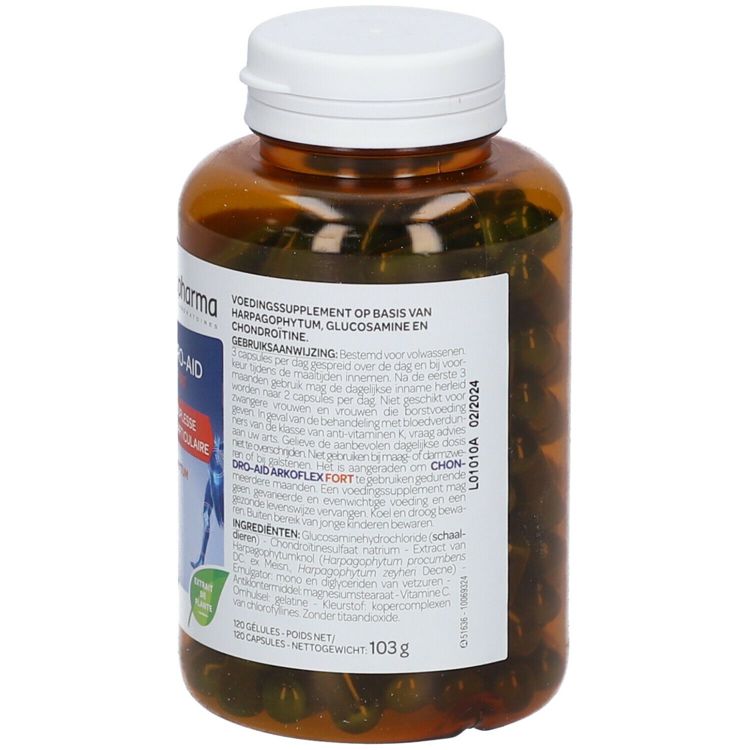 Dos du flacon marron avec bouchon blanc. Contient des gélules vertes. Étiquette avec informations produit.