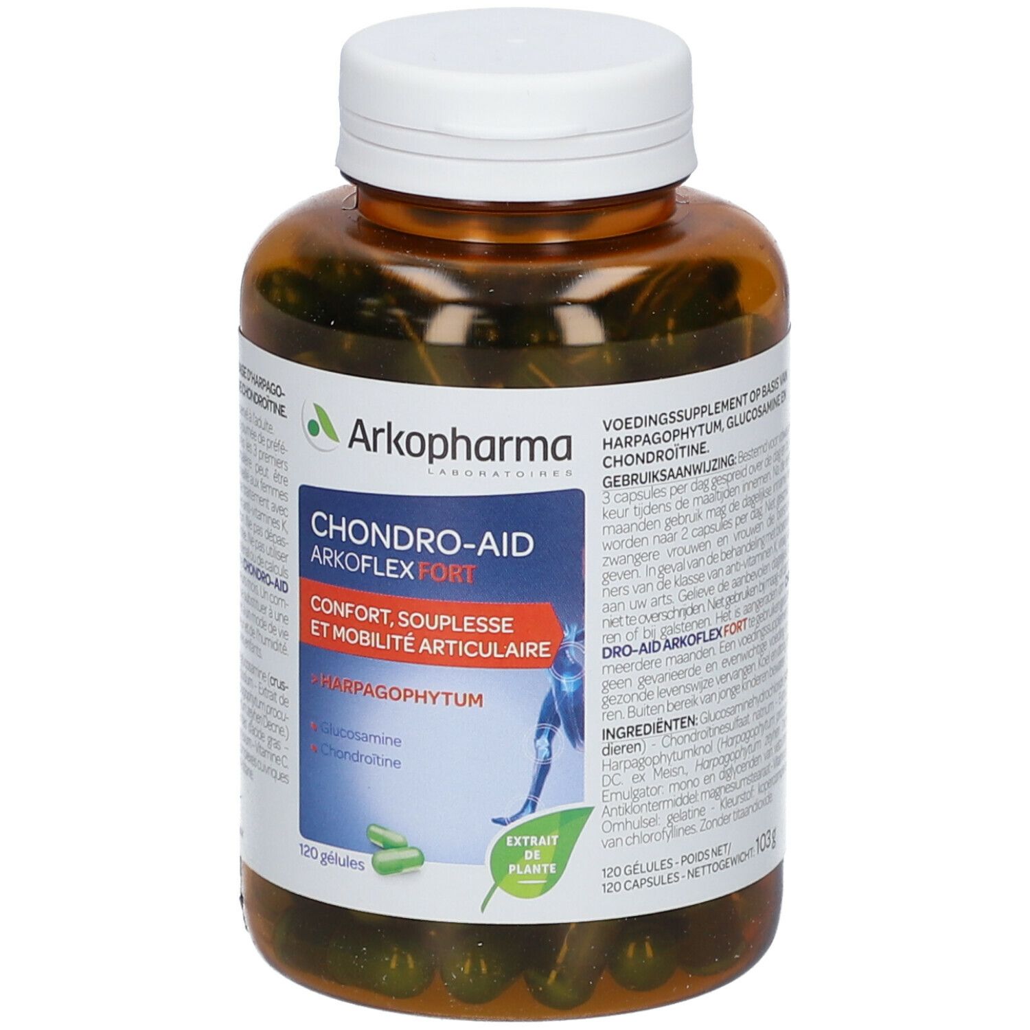 Flacon marron avec bouchon blanc. Contient des gélules vertes. Étiquette avec nom du produit et logo.